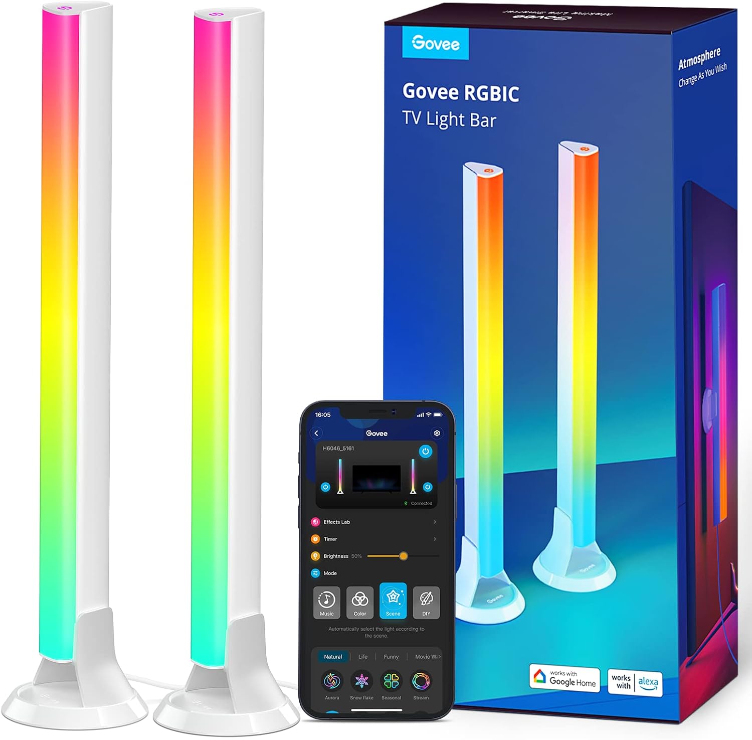 Govee RGBIC TV Light Bars, WiFi TV Backlight with Double Lighting Beads, 38cm, with Multiple Placement Options Suitable for 45-70 inch Television, Work with Alexa and Google Assistant, White