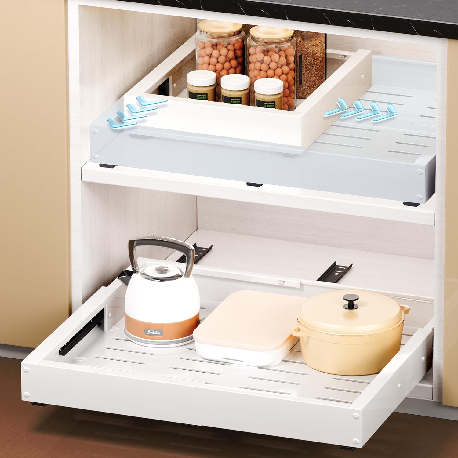 2Pack Pull Out Cabinet Organizer, Slide Out Drawer Expandable Width (12"-19") and Depth (17"-23") With 3 Slides, Fixed with Adhesive Film or Nail for Cabinets in Kitchen, Pantry or Bathroom
