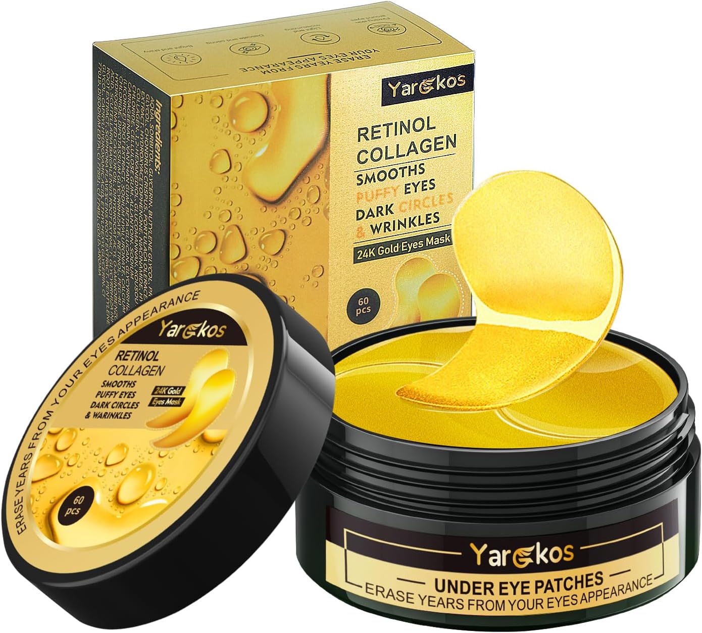 24K Gold Undereye Mask (60 Pcs), Collagen Hydrating Gel Pads, Reduce Puffiness, 30 Pairs Under Eye Patches for Dark Circles Puffy Eyes Treatment, Wrinkle, Women Men Beauty Personal Skin Care Products