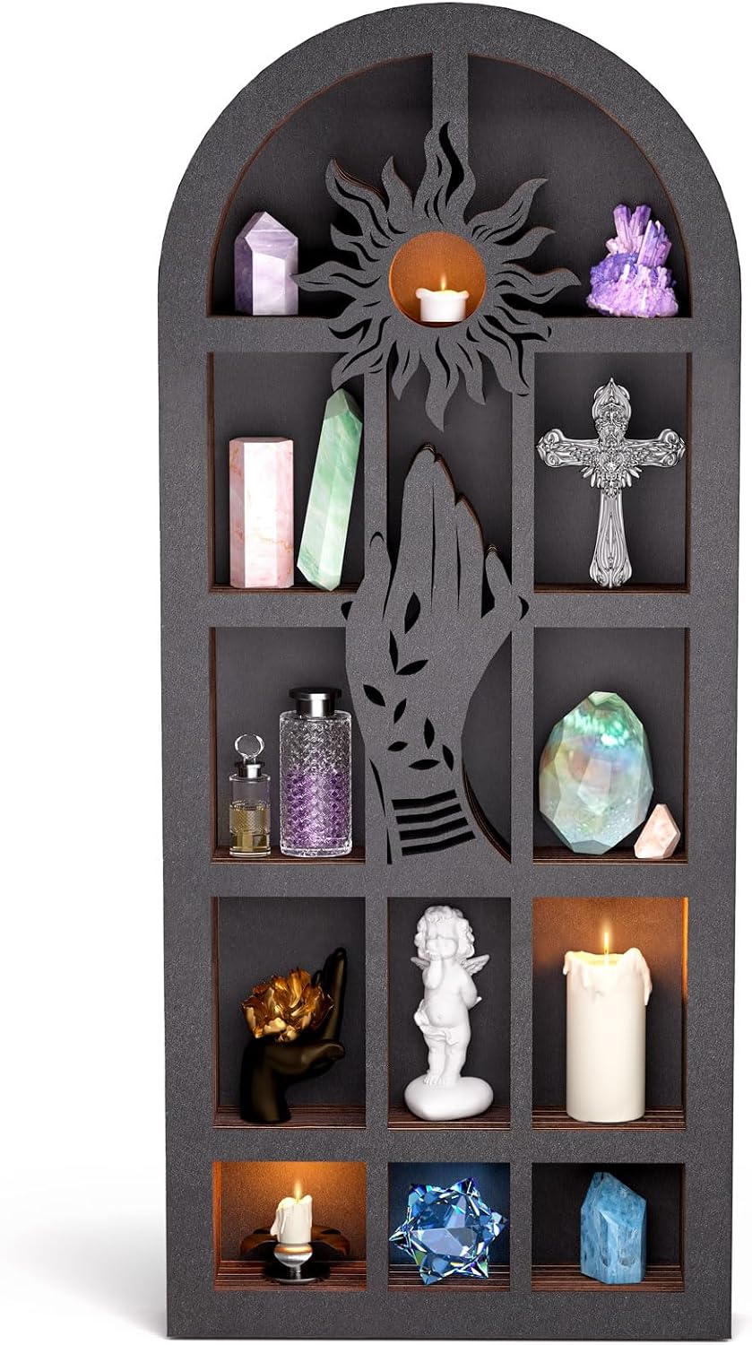 Qmetalart Religious Trinket Shelf, Crystal Display Shelf Storage Wall Hanging Wooden Floating Shelves with Hand Sun Leaf Cut-Out Designs for Rock Gem Stone Showcase Organizer Home Wall Tabletop Decor