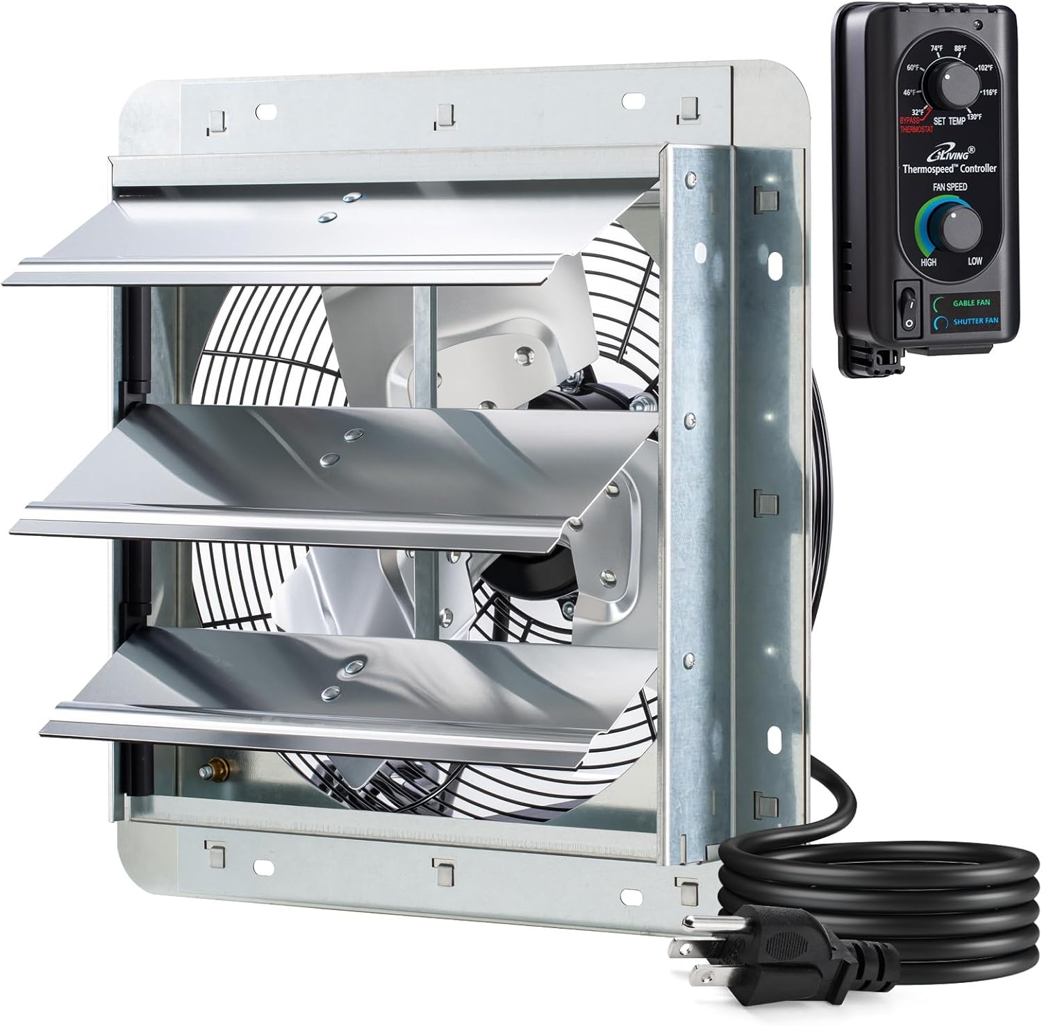 iLIVING 12" Wall Mounted Shutter Exhaust Fan, Automatic Shutter, with Thermostat and Variable Speed controller, 0.6A, 960 CFM, 1400 SQF Coverage Area Silver (ILG8SF12V-ST)