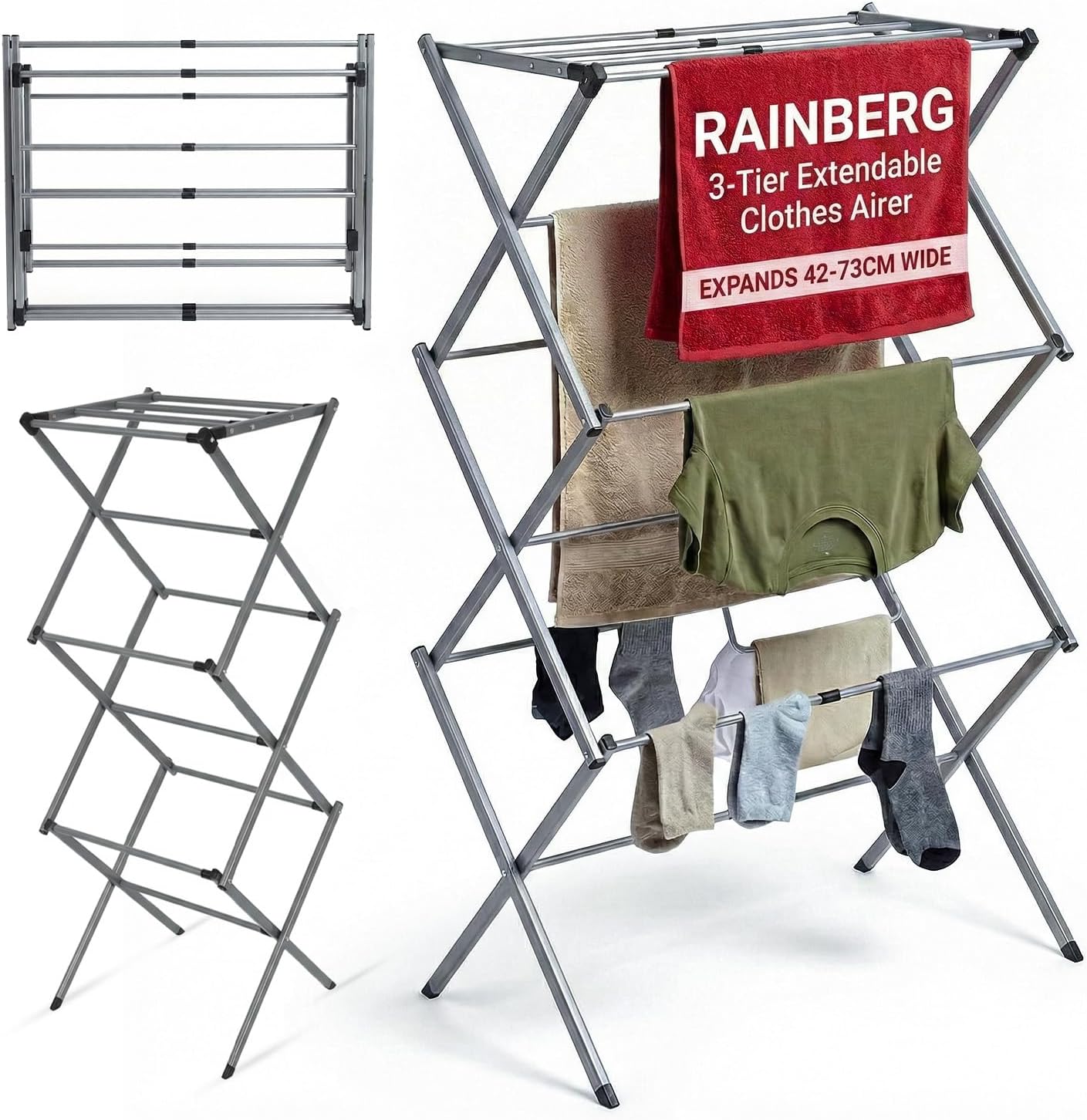 Rainberg 3 Tier Extendable Clothes Airer Indoor Outdoor, 38x73x106cm Size 8kg Capacity Slimline Laundry Rack, Space Saving Clothes Drying Rack, Rust-Resistant, Non-Slip Feet Foldable Heavy-Duty Design