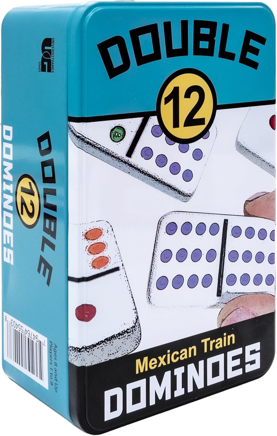 Front Porch Classics, Double 12 Colored Dot Dominoes Set On-The-Go Travel Storage Tin, 2 to 8 Players Ages 8 to 99