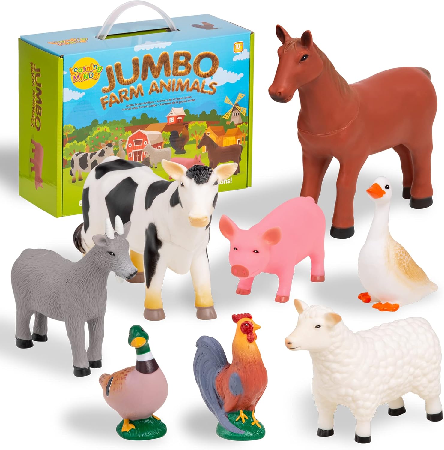 Learning Minds Set of 8 Jumbo Farm Animal Figures - Farm Animals For 1, 2, 3 Year Olds - Toy Animals For Kids Age 18 Months Plus - Toys For 1 Year Old Boys