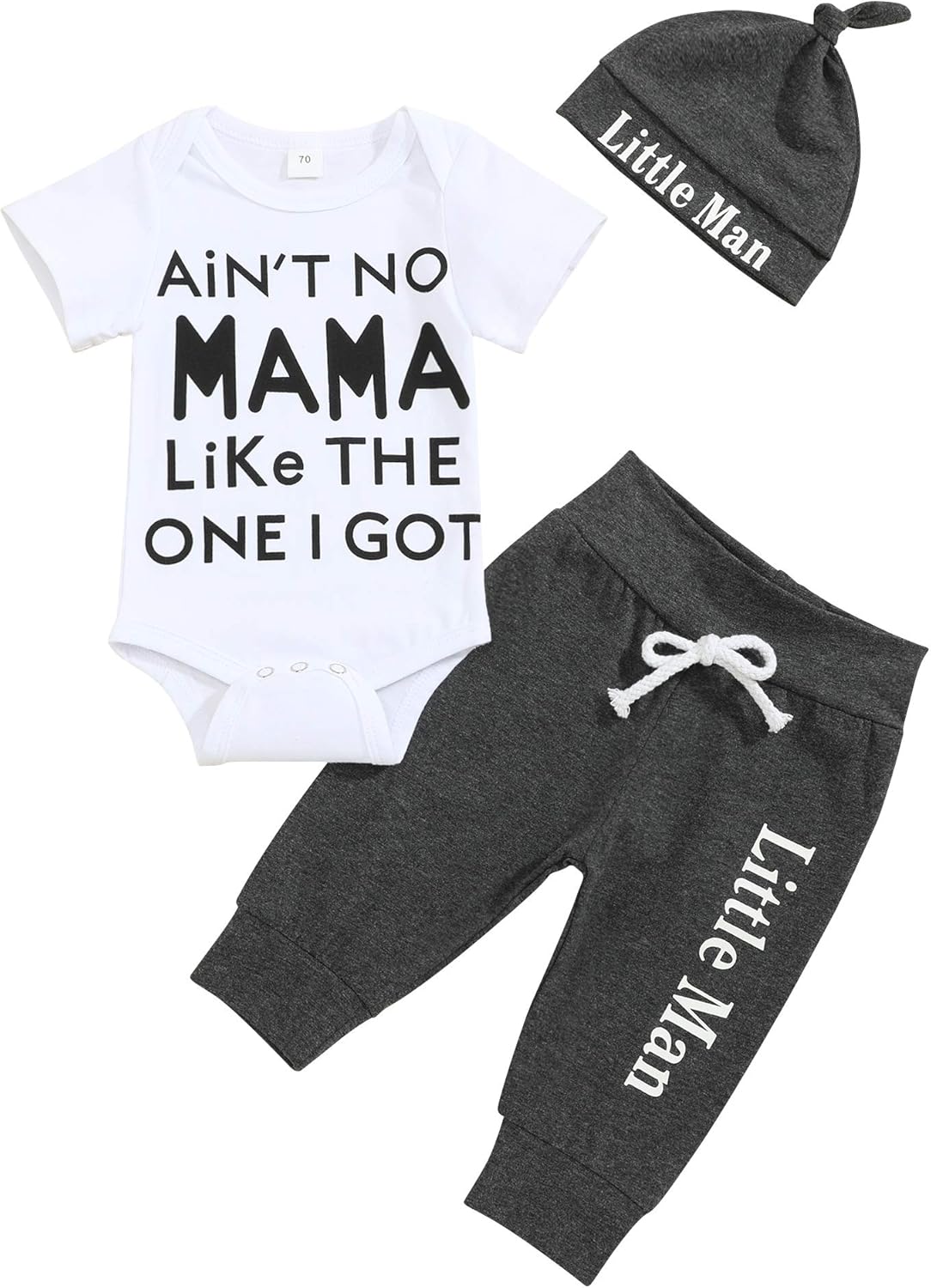 TUEMOS Newborn Infant Baby Boy Clothes Letter Print Romper Pants Set Hat 3PC Outfits Set