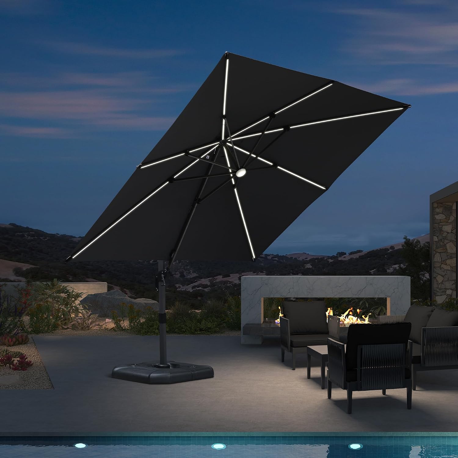 PURPLE LEAF 3 X 3 M Garden Cantilever Parasol, LED Square Patio Umbrella with Crank Handle and Tilt for Balcony and Outdoor, Grey