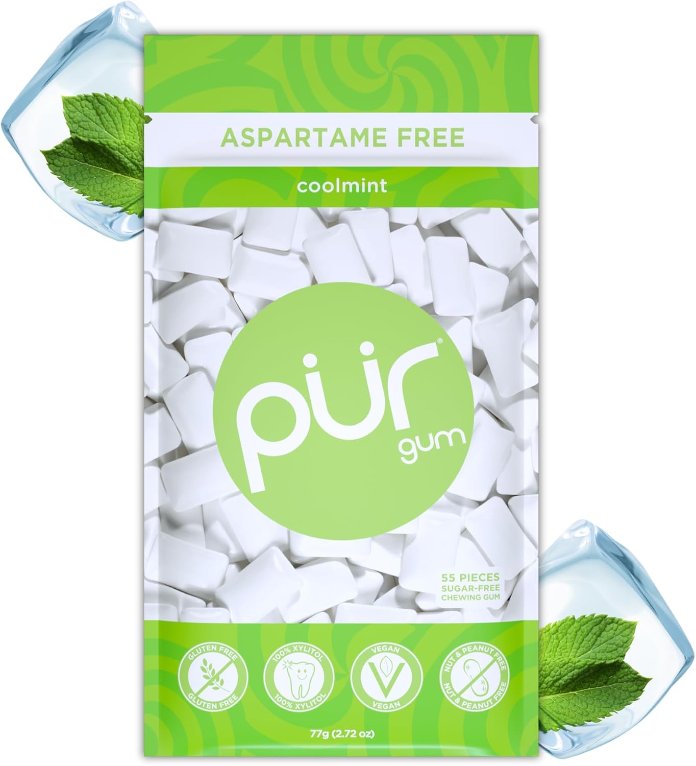 PUR Gum | Sugar Free Chewing Gum | Made with Xylitol | Vegan, Aspartame Free, Gluten Free & Keto Friendly | Natural Coolmint Flavoured Gum, 55 Pieces (Pack of 1)