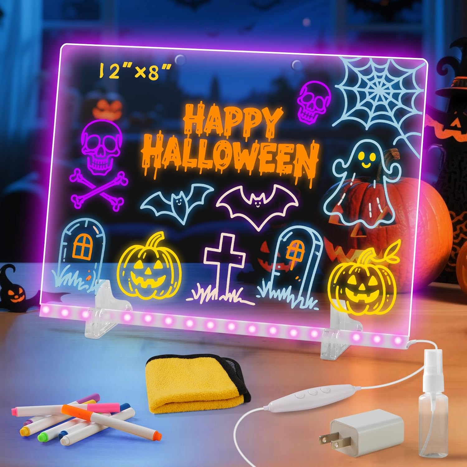 Lumiboard Led Drawing Board with 7 Colors,Light Up Acrylic Cosmody Drawing Board,Glowing Acrylic Dry Erase Board with Light,Lumiboard Led Boards to Write On,Halloween Gifts for Kids (12“*8”)