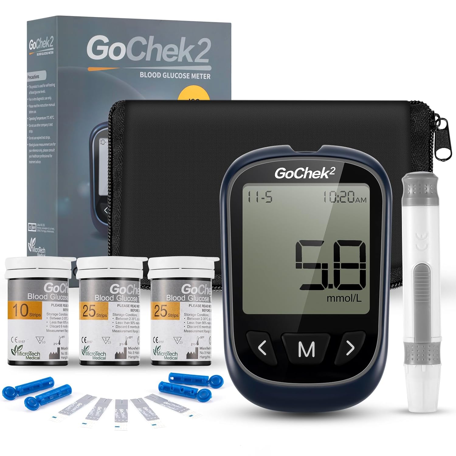 Blood Glucose Monitor Meter Diabetes Test Kit [2023 Upgrade] with Hypo and Ketone Warning, Meal Marker, 500 Memories, Blood Sugar Tester with 60 Test Strips and 60 Lancets - in mmol/L