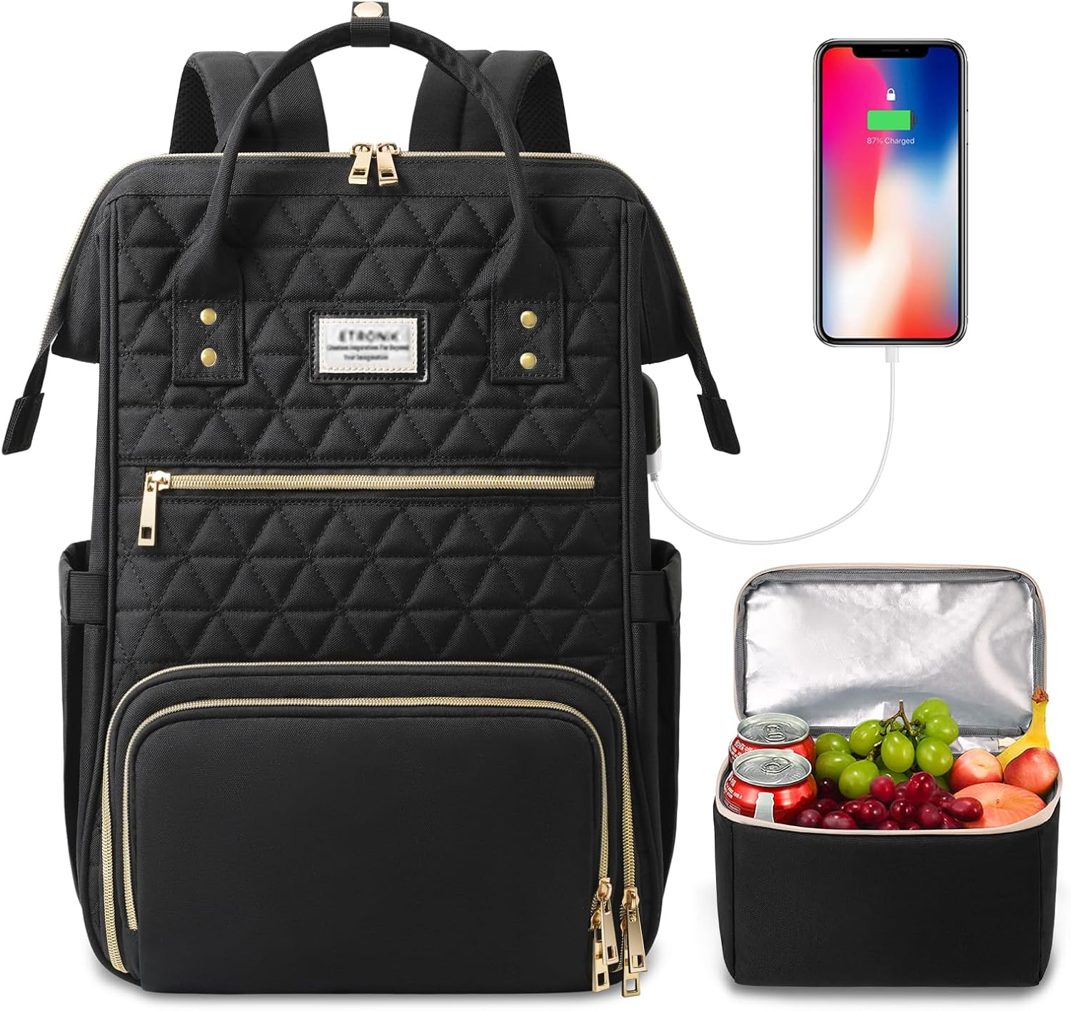 ETRONIK Laptop Lunch Backpack for Women, 15.6 inch Laptop Backpack with USB Port, Teacher Nurse Work Bag with Cooler Bag Insulated, Rucksack for Women Business Work Picnic, Gift, Black