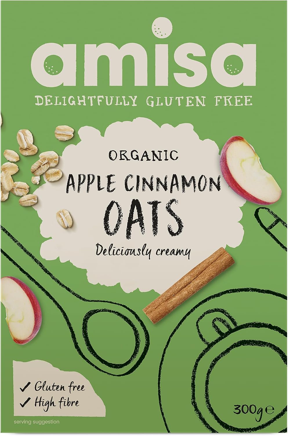 Amisa Organic Gluten-Free Pure Porridge Oats Apple & Cinnamon, 300g - High in Fibre & Gluten Free - The Perfect Breakfast Cereal