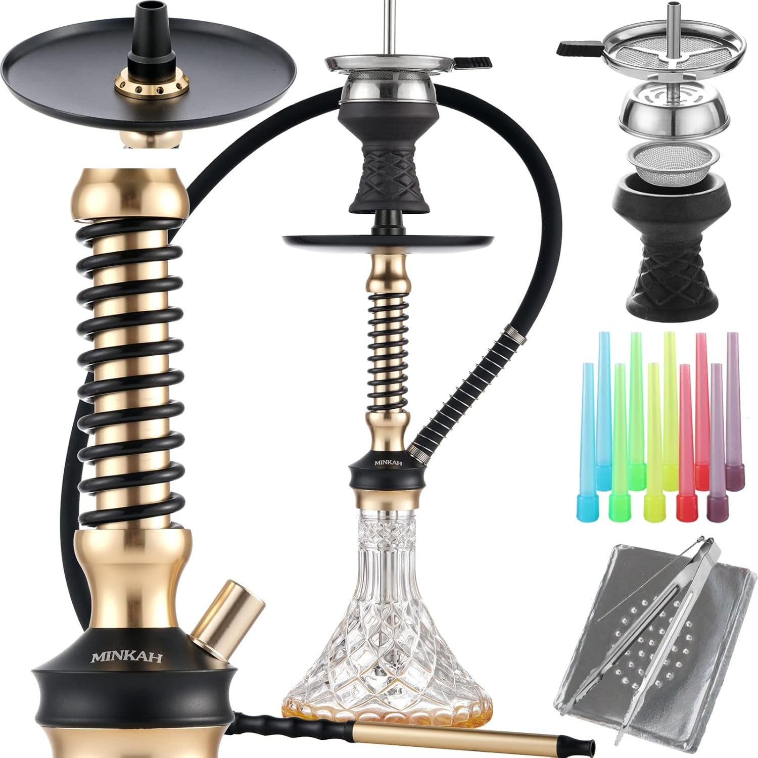 Hookah Set with Everything Accessories Silicone Hose Bowl Coal Tongs Mouth Tips Chimney Screen Diffuser, 2023 Small Glass Shisha Hookahs Set Complete Aluminum Stem Hooka Narguile Smoking Gold