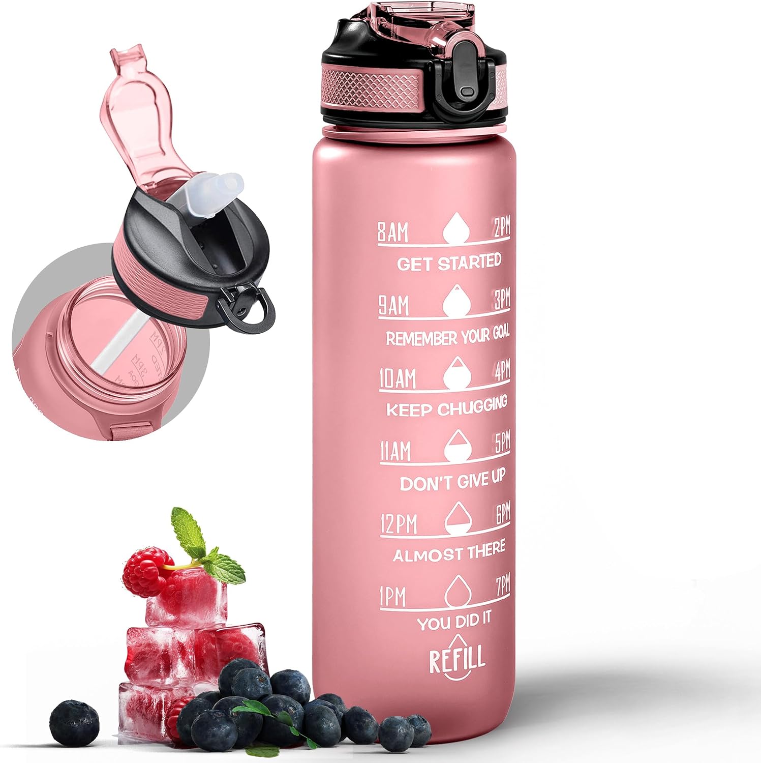 Water Bottle 1000ml Sports Water Bottle with Motivational Time Marker & Straw, Dishwasher Safe Leak-proof Drink Bottle BPA Free Non-Toxic Tritan Material 1 Click Open for Running Gym