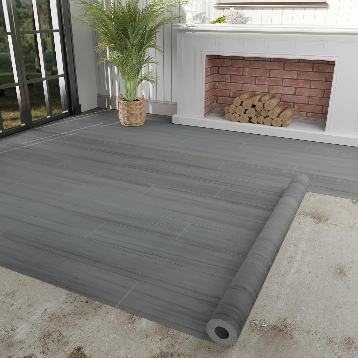 Oxdigi Vinyl Flooring Roll 107 sq.ft | 3'4"W x 32'10"L, PVC Leather-Like Linoleum Floor Covering, Waterproof Durable Heavy Vinyl, Easy to Install with Tape, Removable- No Adhesive Backing, Smoky Ash
