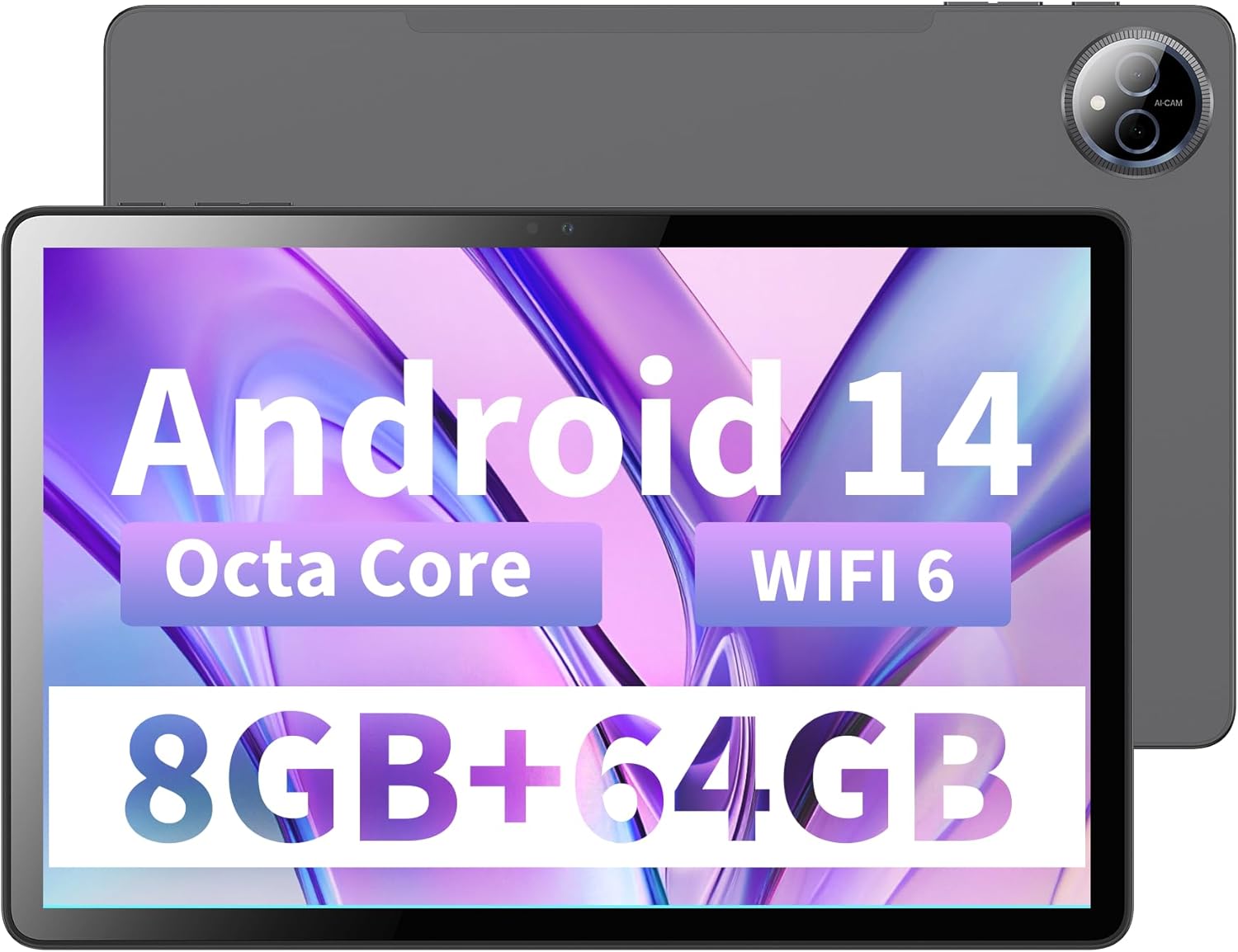 Veidoo 10.1-Inch Tablet, 8 (4+4) GB RAM 64GB ROM (1TB Expandable), Android 14 Tablets with Octa-Core Processor, WiFi 6, IPS HD Touchscreen, Dual Camera, Bluetooth 5.0, GPS