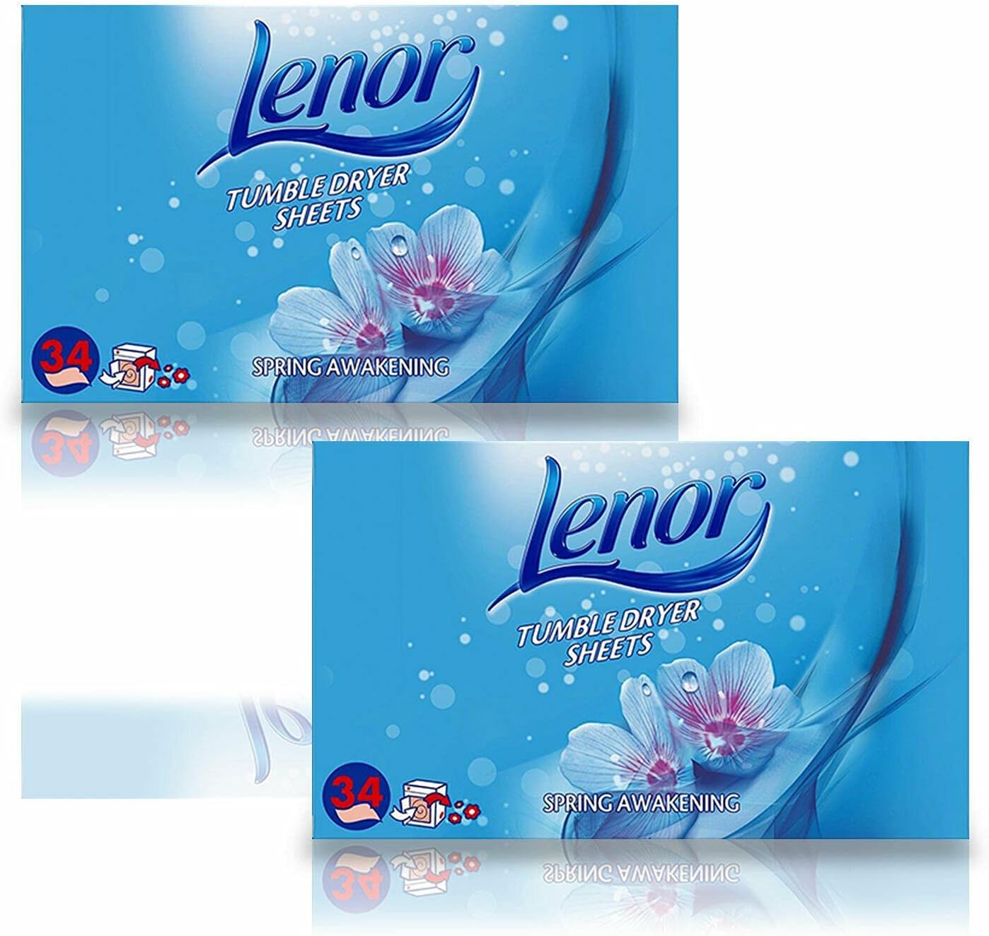 2 Pack of Lenor Tumble Dryer Fabric Conditioner Sheets Spring Awakening, 34 Sheets for Clean & Soft Fabrics and Essential Fragrance with Revitalising Scent