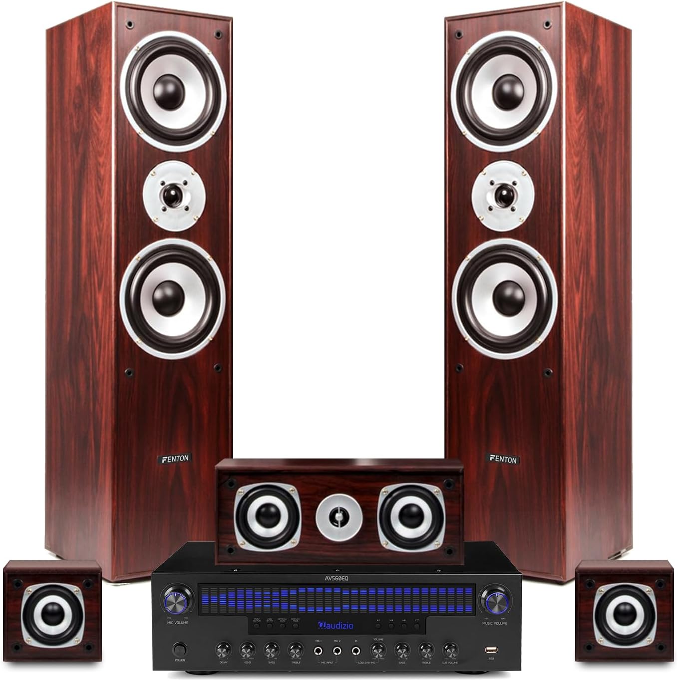Fenton 5.0 Surround Sound Home Cinema System, Walnut – Complete HiFi Audio Solution with Amplifier, Bluetooth, Optical, AUX, RCA, Karaoke Inputs & Speaker Cable Kit – Easy TV Connection