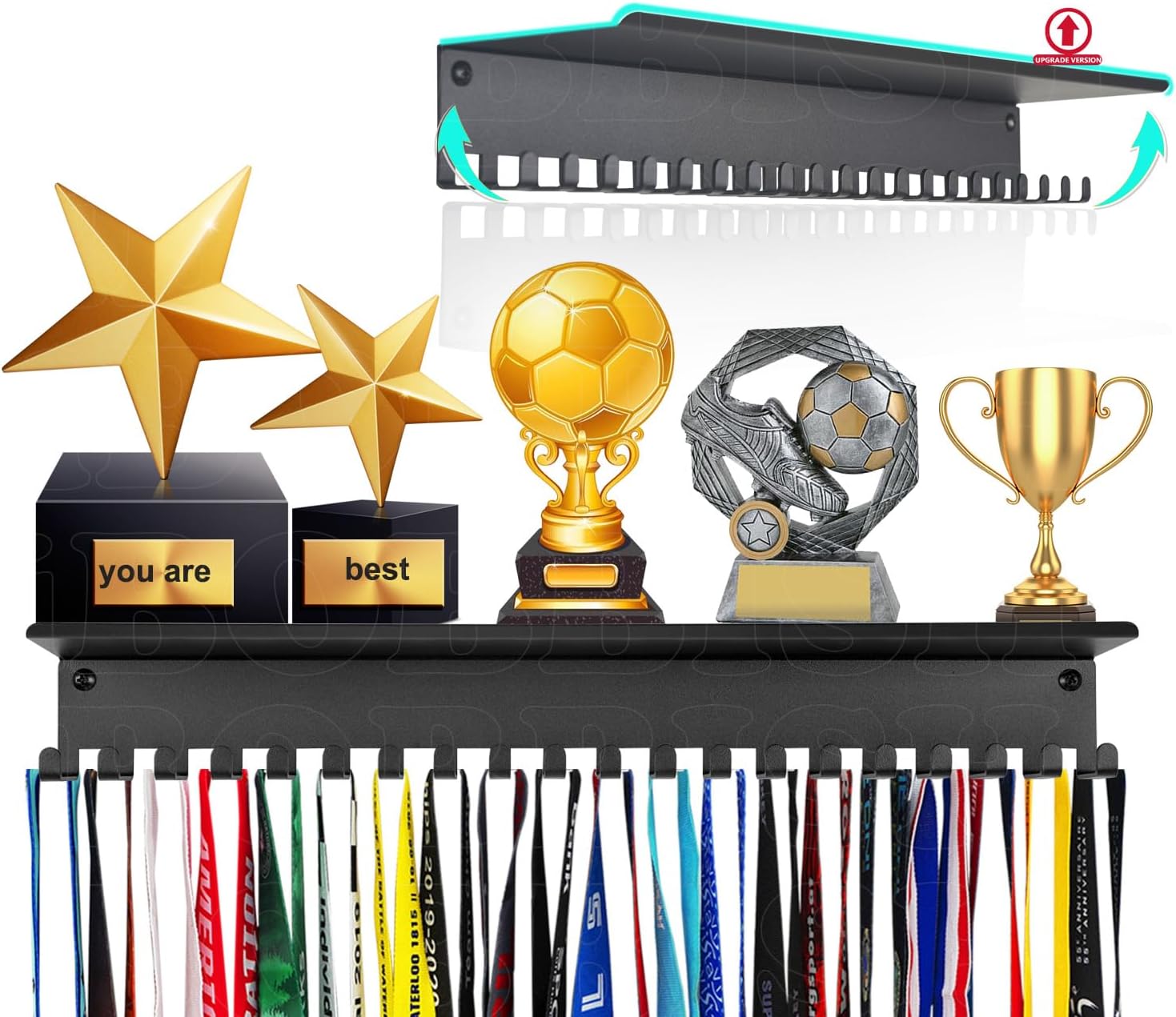 Metal Medal Hanger Display,Non-Slip Trophy Shelf with 20 Hooks,Wall Mount,Heavy Duty,Non-Bent,Holds 22-33lbs,for Gymnastics,Race,Soccer,Swim