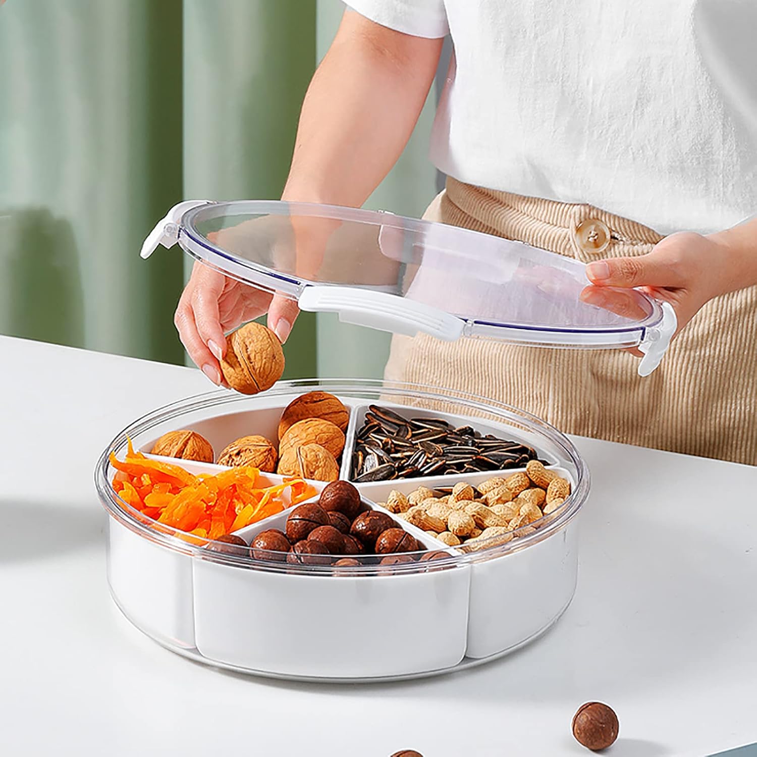 WUWEOT Nut and Candy Serving Tray, Round Plastic Platters Food Storage Container, Appetizer Tray with 5 Individual Dishes for Nuts, Dried Fruit, Snacks, Candies, Veggies (26 x 7.5cm)