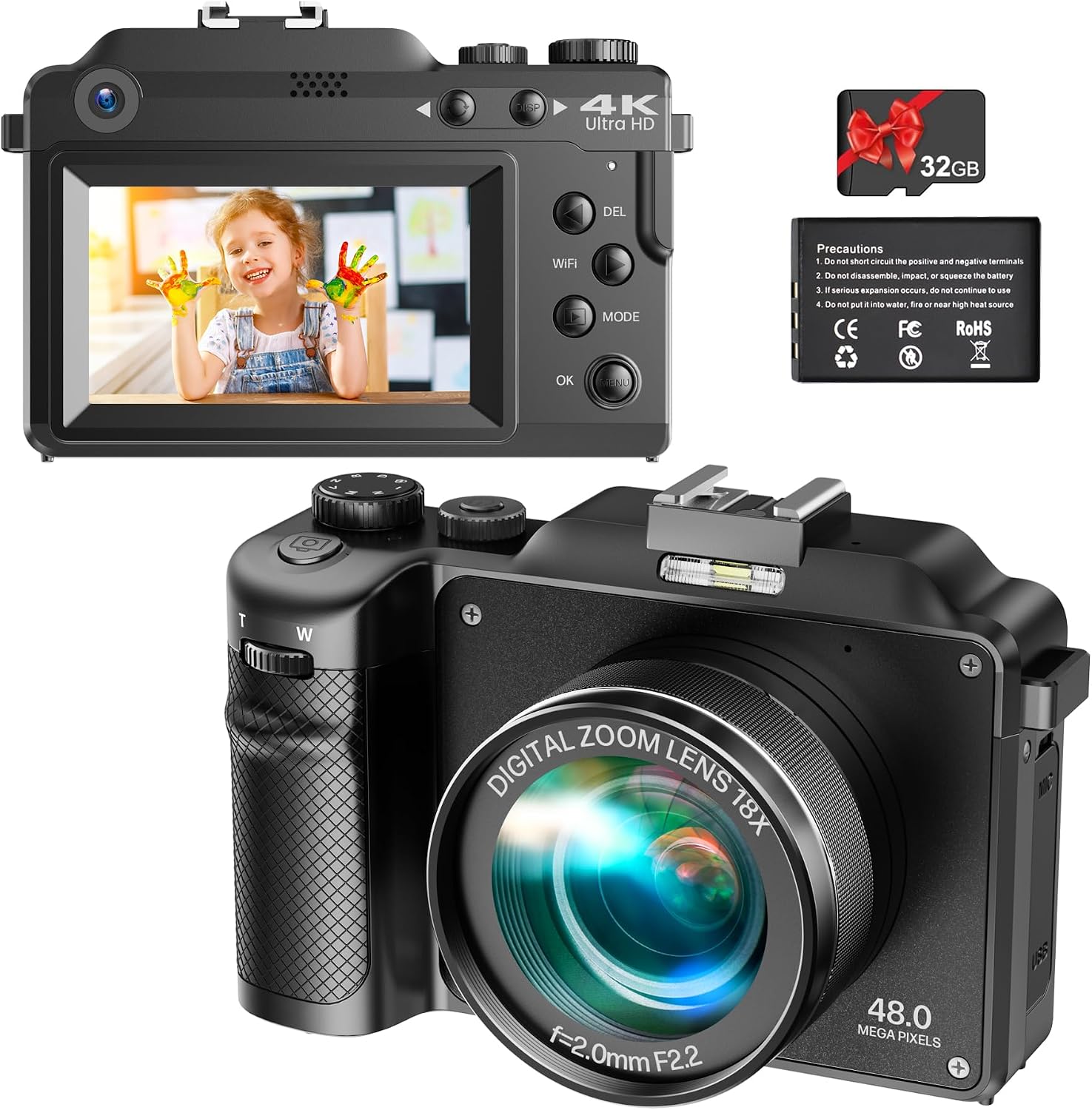 Vmotal 4K Digital Camera, UHD 48MP Photo 4K Video Recorder, Dual Lens Camera, 18x Digital Zoom, Autofocus Camera with Wifi APP& SD Card, Vlogging Camera for YouTube