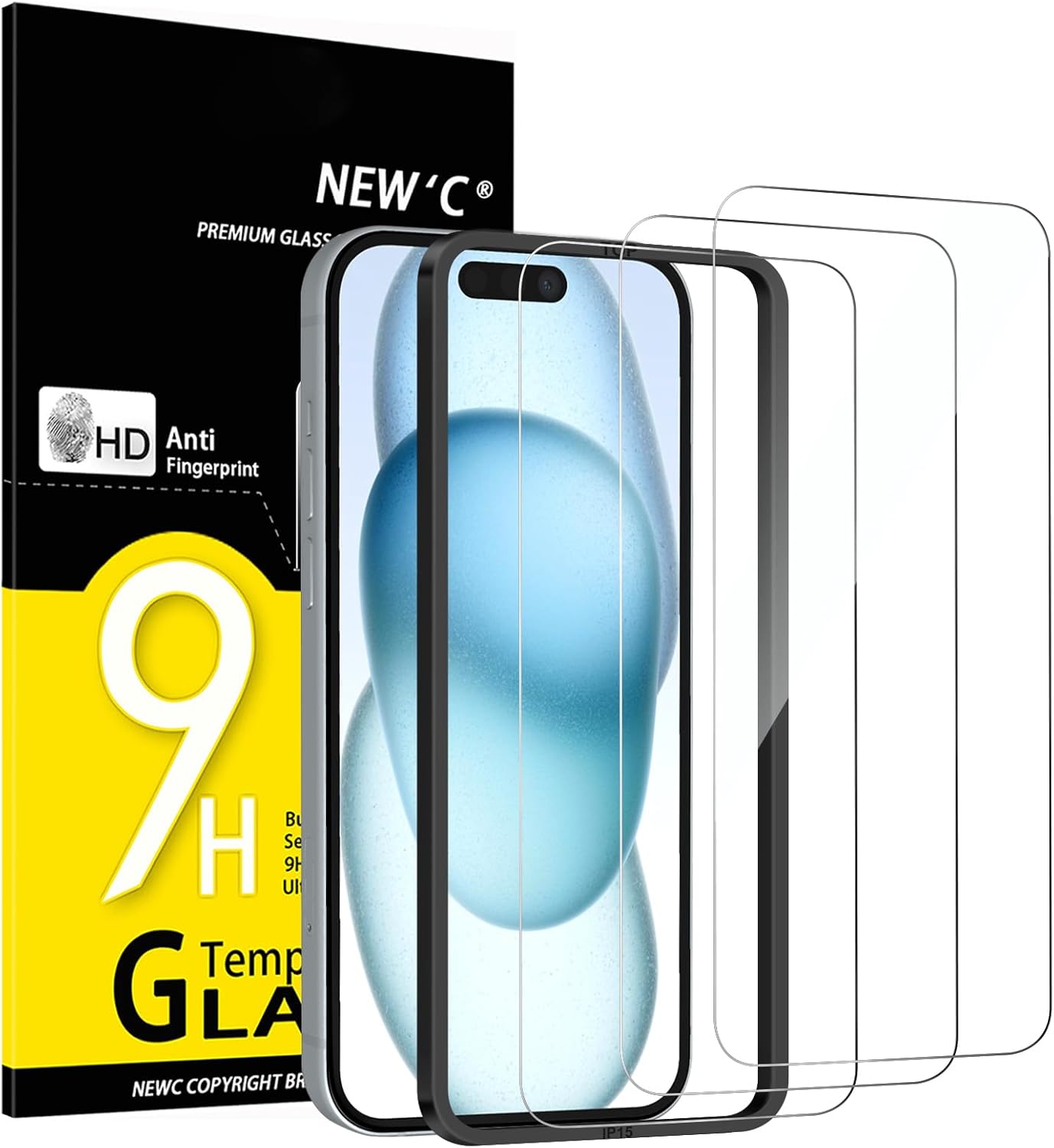 NEW'C 3 Pack Designed for iPhone 16, iPhone 15 Screen Protector (6.1 inches),Enhanced Tempered Glass Protection with easy installation tool included,Case Friendly Ultra Resistant