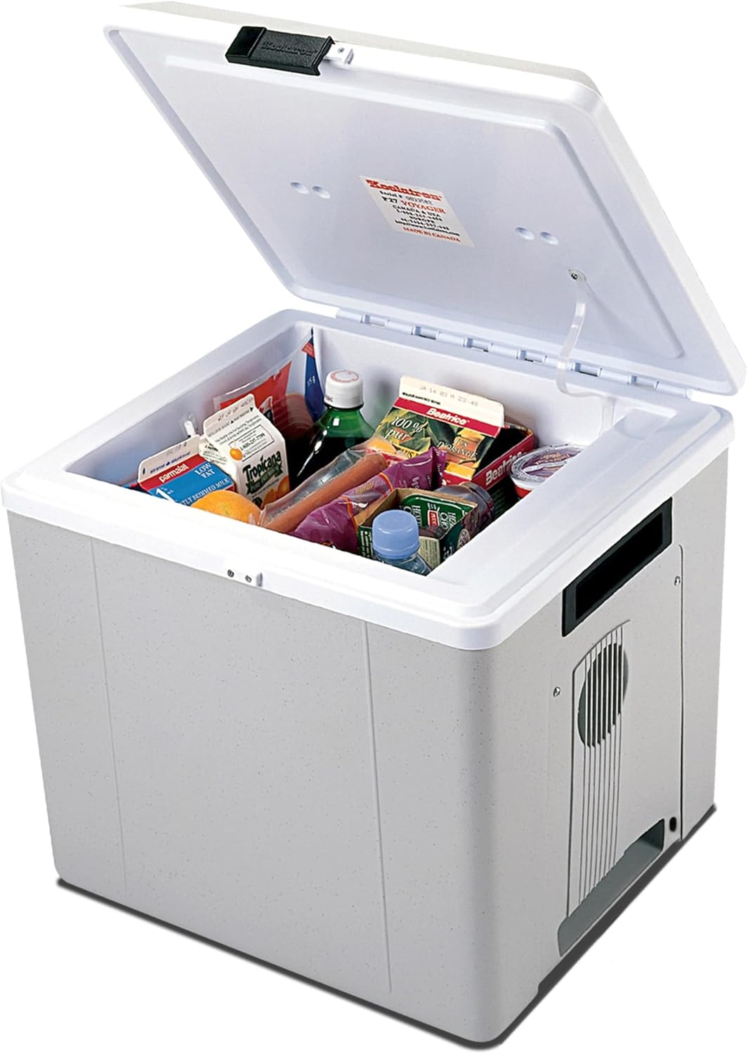 Koolatron Electric Portable Cooler Plug in 12V Car Cooler/Warmer 27 L (29 qt), No Ice Thermo Electric Portable Fridge for Camping, Travel Road Trips Trucking with 12 Volt DC Power,Gray/White.