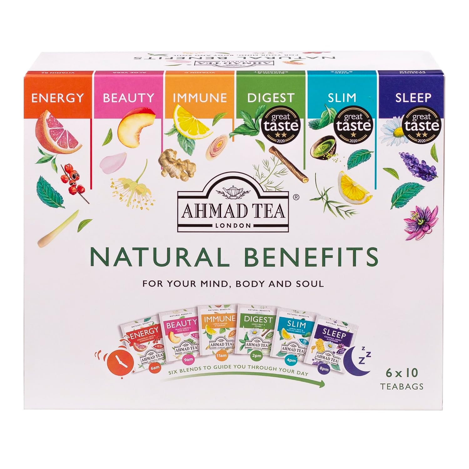Ahmad Tea Natural Benefit Functional Tea Selection Pack | Green teas, Fruit & Herbal Infusions | Perfect herbal tea gift - 60 Teabag Sachets | 6 blends
