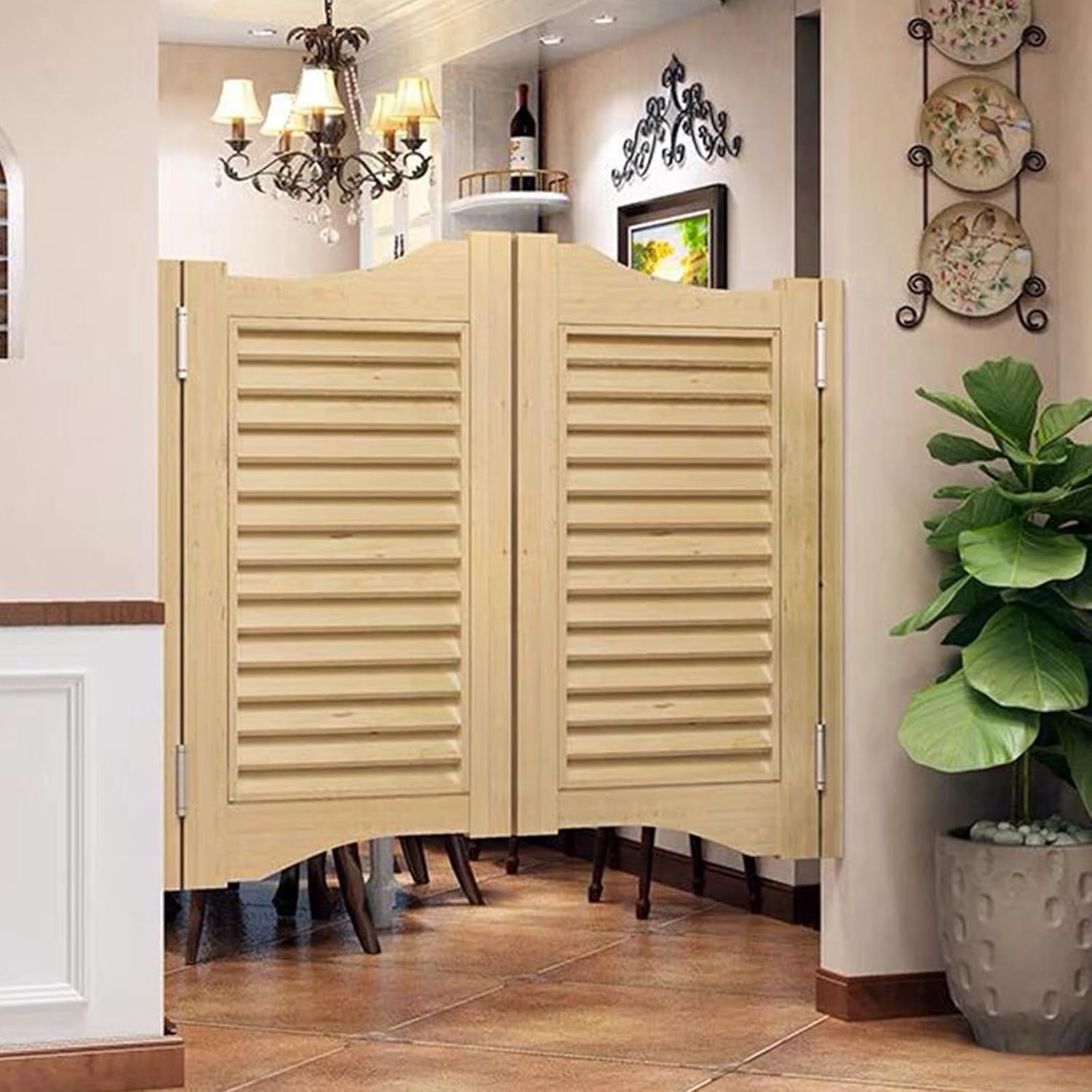 Louvered Cafe Swinging Door, Solid Wood Saloon Doors with Hinges Hardware, Entrance Partition for Hallway Kitchen Doorway Bar Porch, Premade Varnish Cellars Door, Auto Close (Burlywood, 31.5x35.4in)