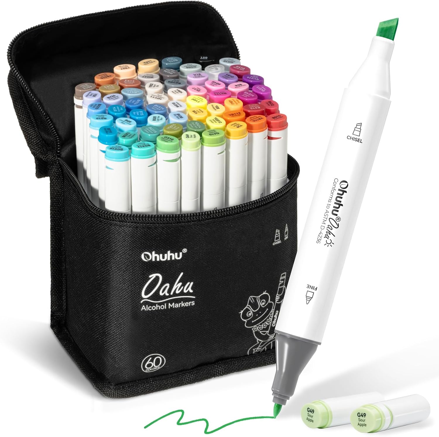 Ohuhu Alcohol Markers - AP Certificated 60-color Double Tipped Art Marker Set for Artist Adults Coloring Illustration - Chisel and Fine Dual Tips - Refillable - Oahu Series of Ohuhu Markers | AP Certified Art Marker Set, Dual Tips Alcohol-based for Artists Beginners Drawing Illustration Sketching, Oahu