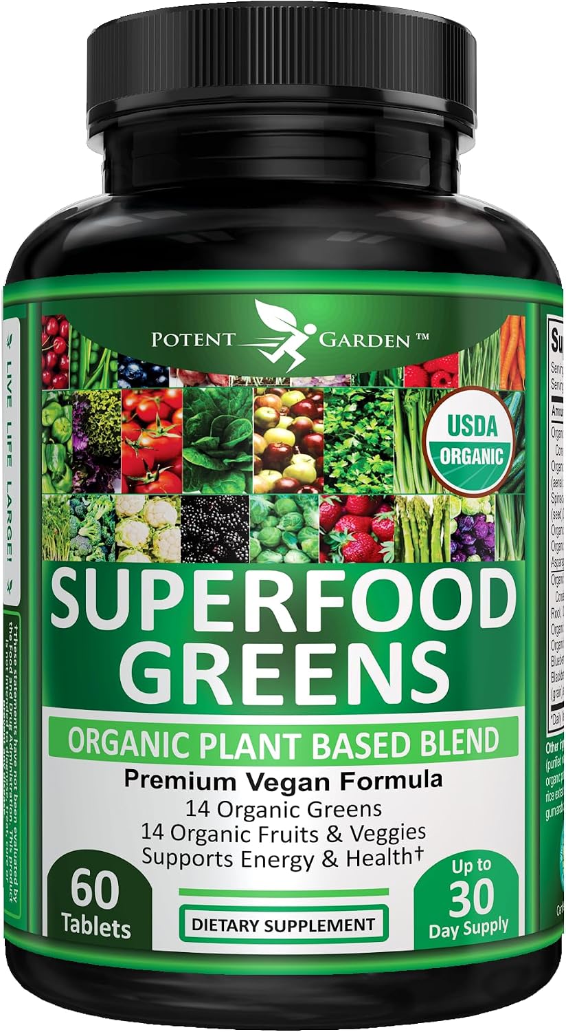 Potent Garden Super Greens Capsules, Fruits and Veggies Supplement, Organic Greens Tablets with Alfalfa Beet Root & Tart Cherry, Daily Nutrition Support, 60 Ct