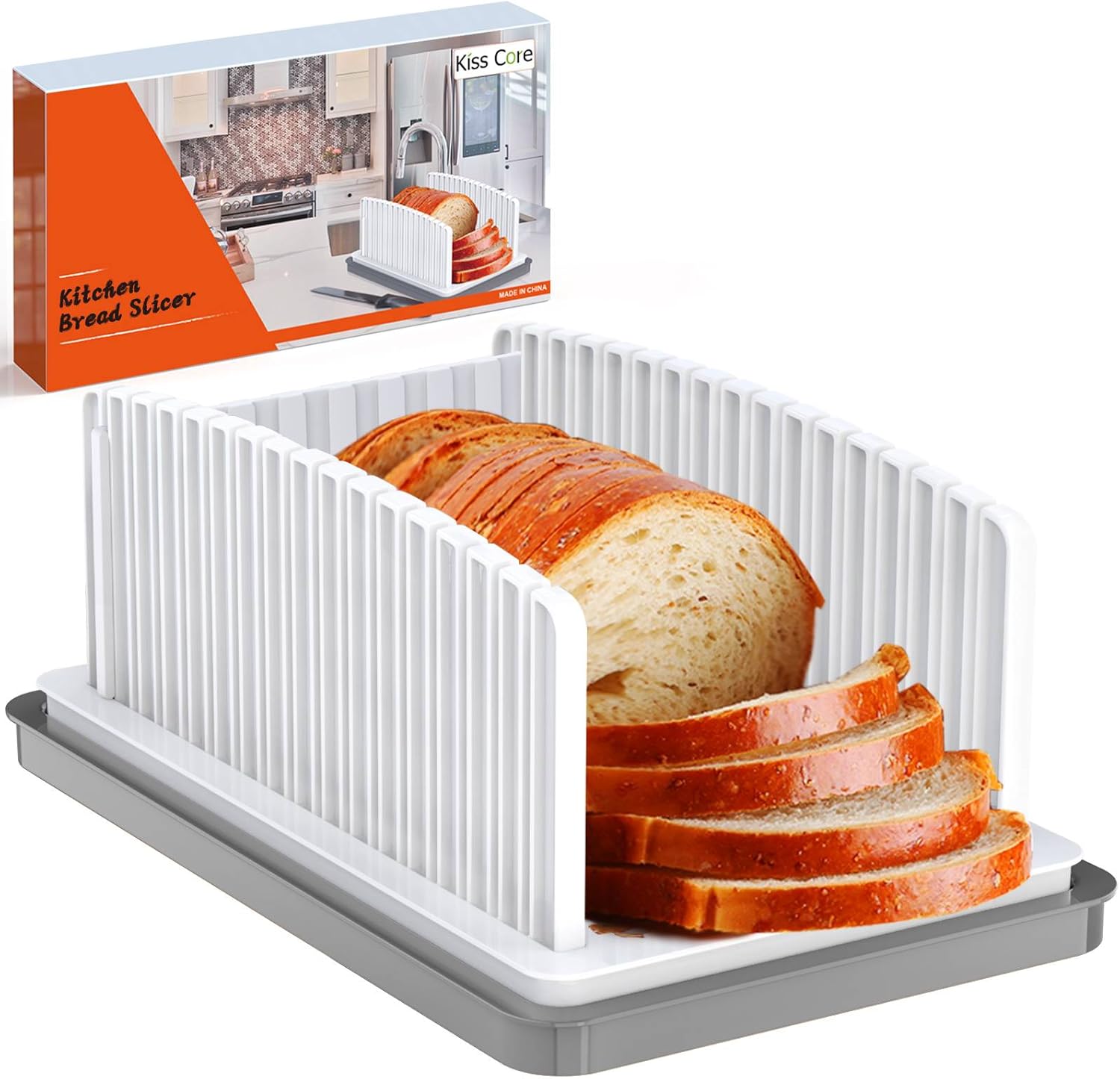 Kisscore Bread Slicer for Homemade Bread, Adjustable Kitchen Bread Cutter Slicer, Foldable and Compact Handhold Bread Slicer with Crumb Tray, Large Loaf Slicer Guide with Uniform Slices