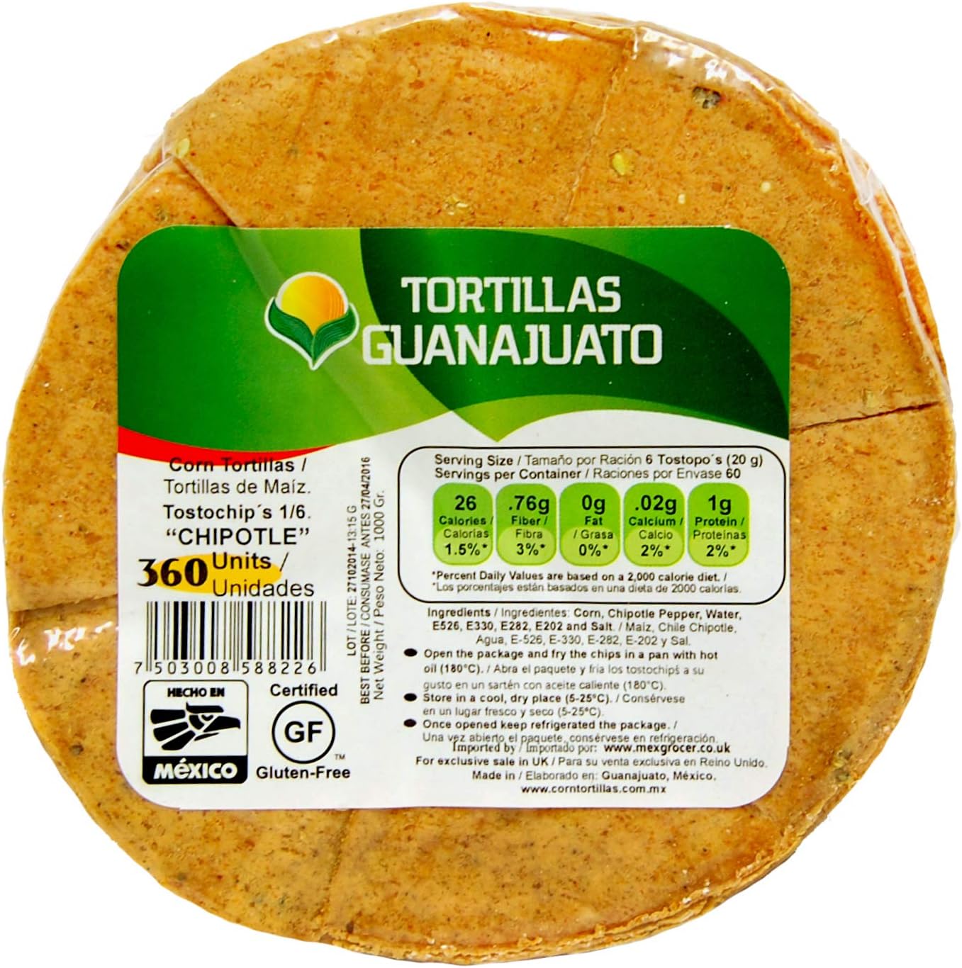 Pre Cut Chipotle Corn Tortilla for Frying 15cm 1kg / Pre Cut Tortillas for Frying, Chipotle Flavoured Mexican Tortilla Chips