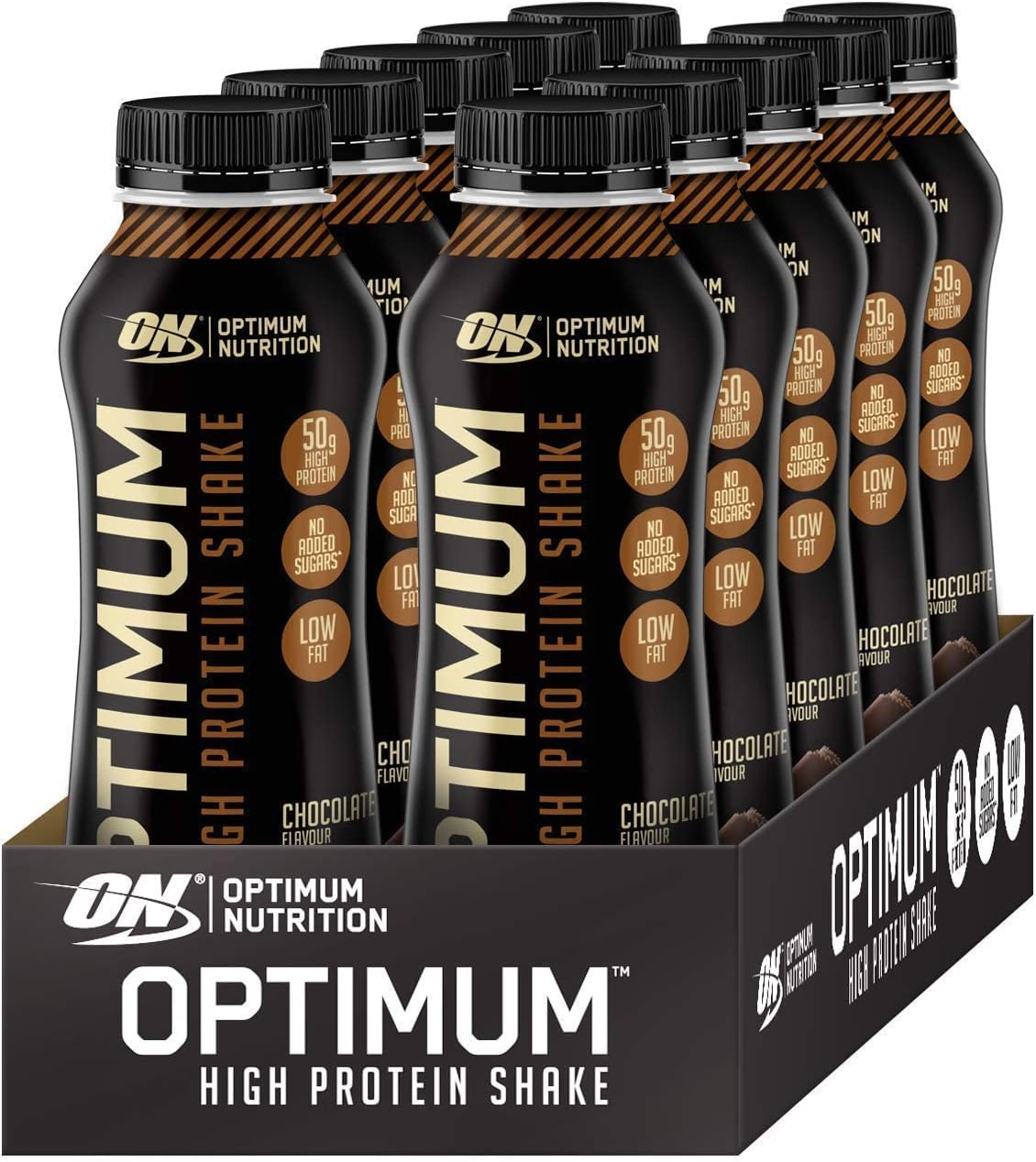Optimum Nutrition High Protein Shake Bottles, Ready To Drink Healthy Snacks, No added sugars, low fat, Chocolate Flavour, 12x500ml, Packaging may vary