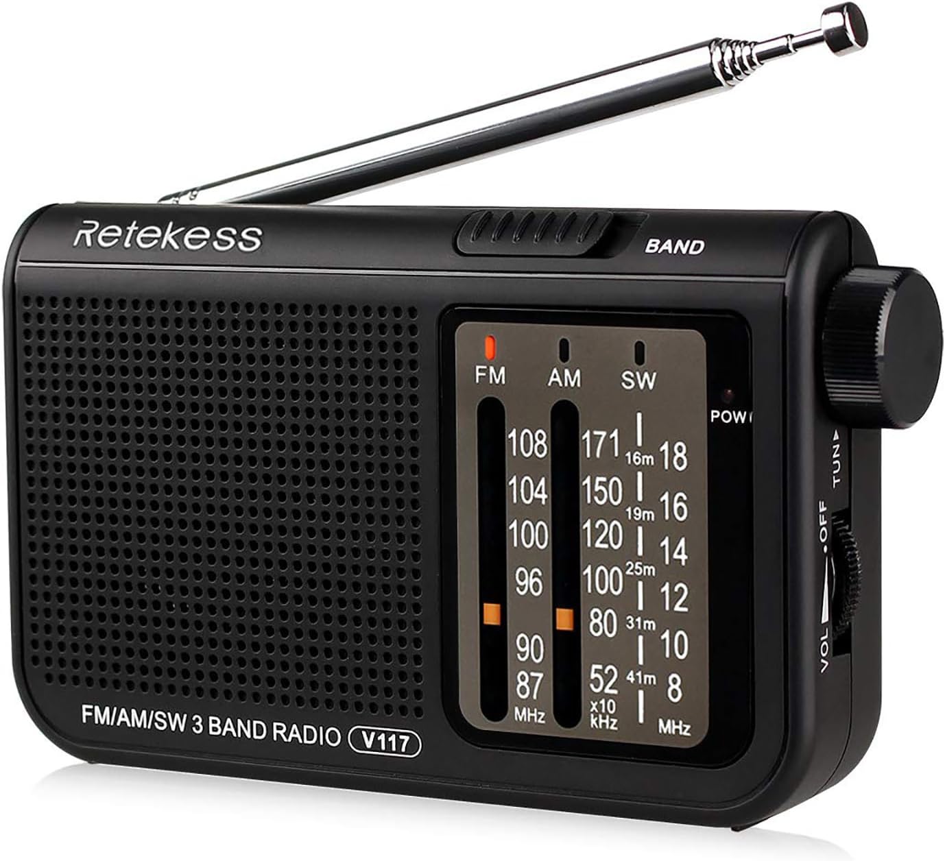 Retekess V117 Portable Radio,Battery Radio,FM AM SW 3-band with Best Reception,Earphone Jack,Antenna,Large Knob, Simple for the Elderly(Black)
