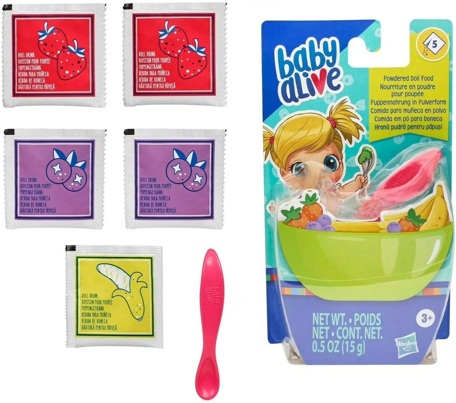 Baby Alive Powdered Doll Food Refill, Includes 5 Doll-Food Packets, 1 Spoon, Toy Accessories for Children Aged 3 Years and Up