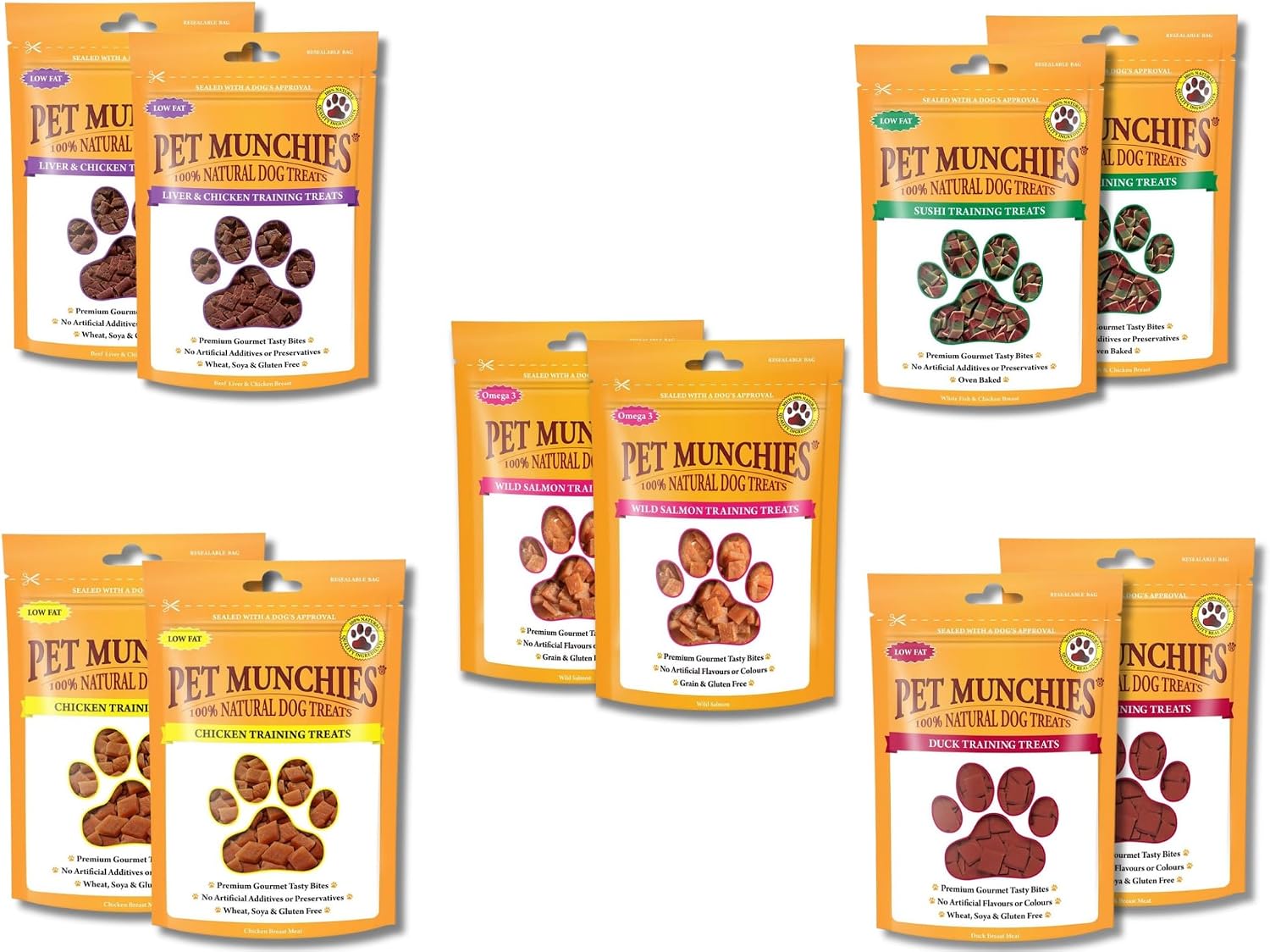 Pet Munchies Training Treats Mixed Pack of 10 Salmon, Chicken & Liver, Duck, Sushi - All 5 varieties pack BQS UK Trademark