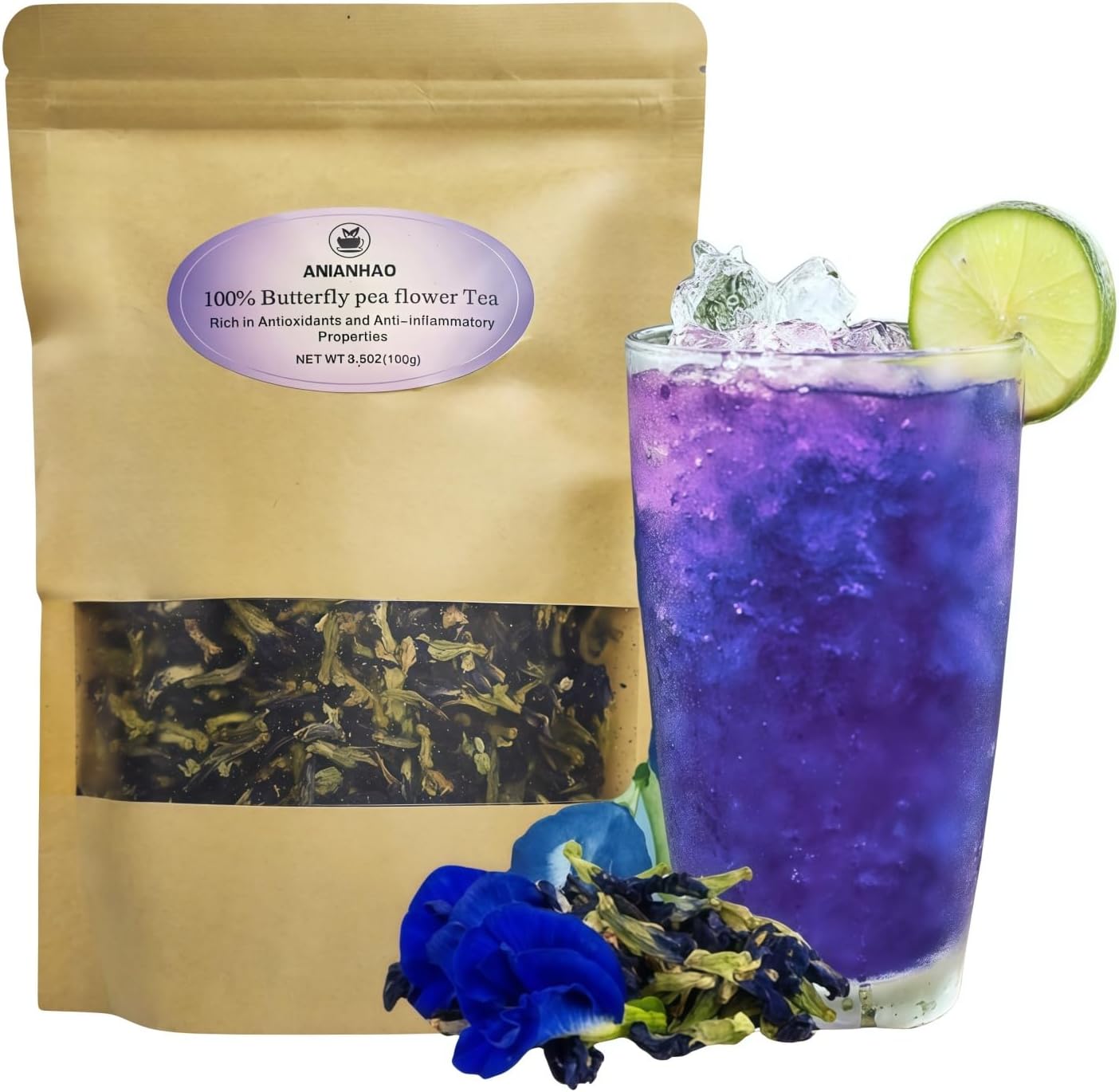 100g Premium Blue Tea - Blue & Purple Changing Flower, Rich in Antioxidants, No Artificial Colours, Herbal Tea, Caffeine Free - Vegan - Non-GMO | Nature Blue Tea