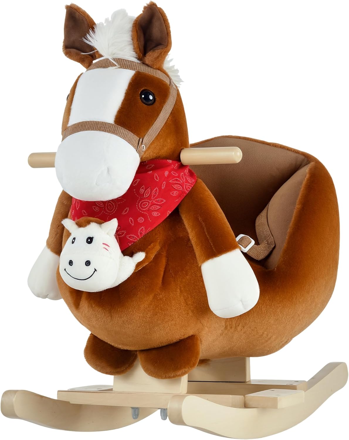 Qaba Kids Ride-On Rocking Horse Toy, Rocker with Lullaby Song, Hand Puppets & Soft Plush Fabric for Children 18-36 Months, Brown