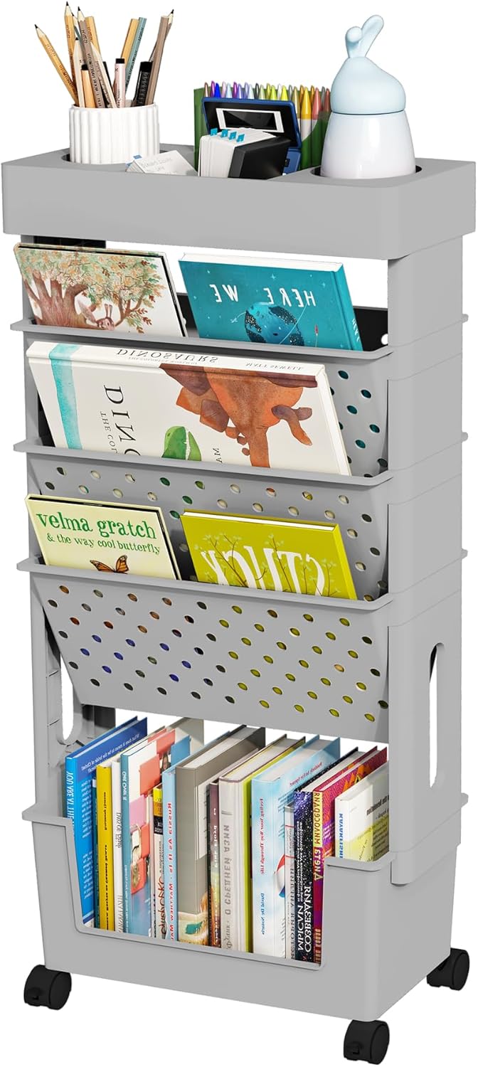 5-Tier Mobile Bookshelf, Rolling Bookcase Book Storage Rack, Movable File Folder Organizer Cart with Wheels for Home Study Office Living Room Classroom, Grey