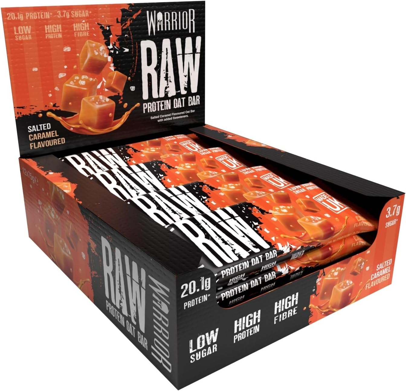 Warrior Raw Protein Bars – 12 x 75g Oat Bar Flapjacks – High Fibre, Low Sugar – Ideal Meal Replacement or Healthy Nutrition Energy Snacks – HFSS / GMP Certified – UK Made (Salted Caramel)