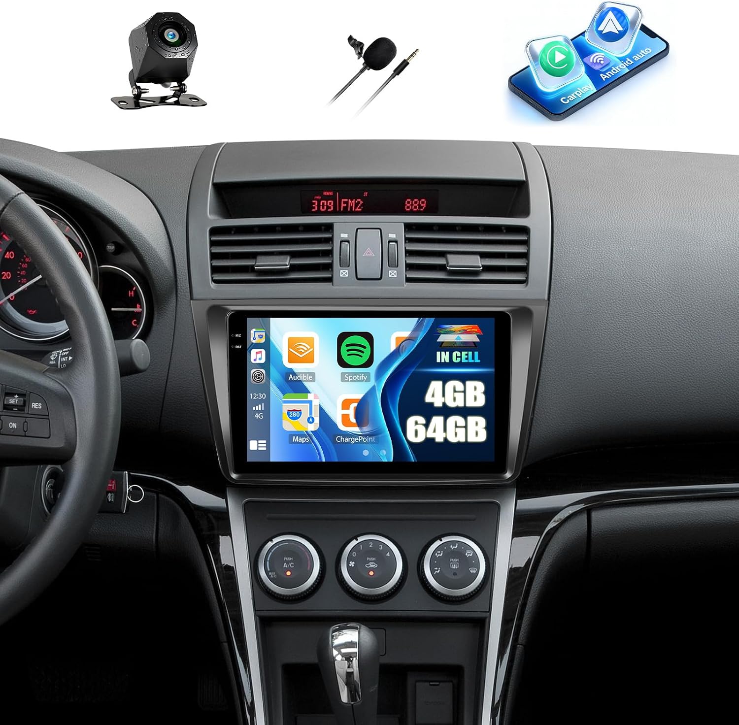 CAMECHO 4G+64G Car Stereo Radio for Mazda 6 2008-2012 with Android 15 Wireless CarPlay Android Auto GPS Navigation Bluetooth 9 Inch in-Cell 1280 * 720 Touch Screen Head Unit with Backup Camera