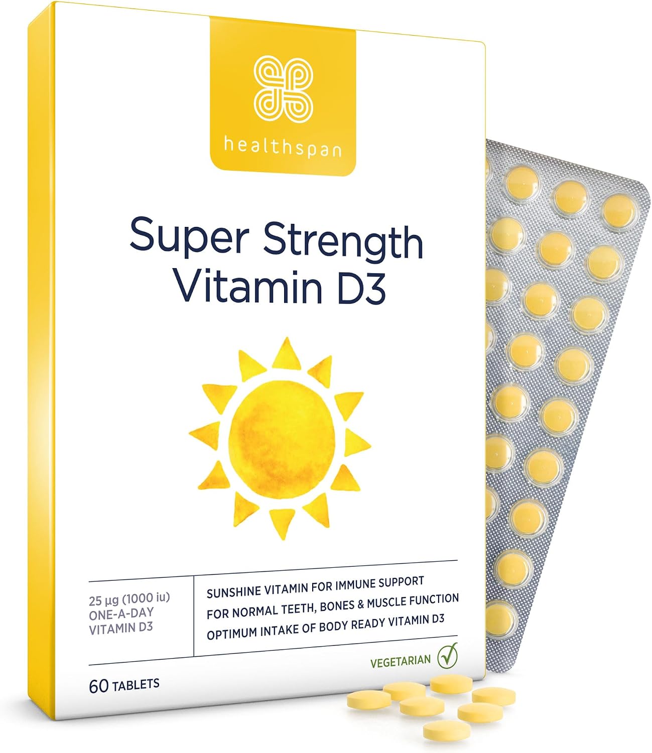 Healthspan Super Strength Vitamin D3 | Immune Health | Bone, Teeth & Muscle Health | Contains 1000iu Natural Source Vitamin D3 in Each Tablet | Vegetarian (60 Tablets)