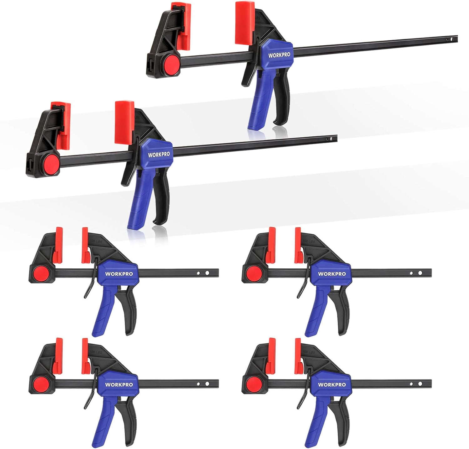 WORKPRO Bar Clamps for Woodworking, 6-Pack One-Handed Clamp/Spreader, 6-Inch (4) and 12-Inch (2) Wood Clamps Set, Light-Duty Quick-Change F Clamp with 150 lbs Load Limit Blue