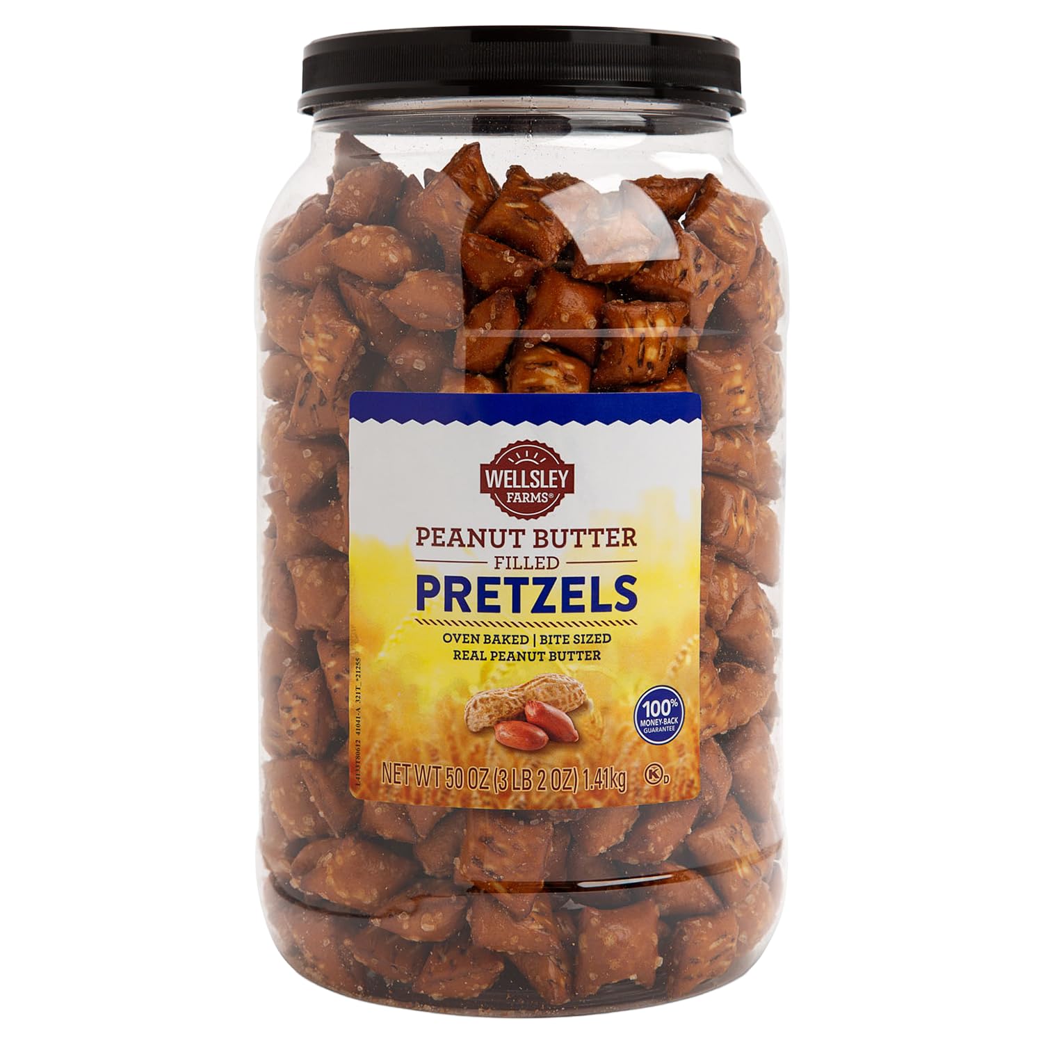 Wellsley Farms Peanut Butter Filled Pretzels, Crunchy Nuggets with Real, Salty Snacks for Adults & Kids, Perfect for Parties, Movies & On-the-Go, Kosher, 50 oz Resealable Jar