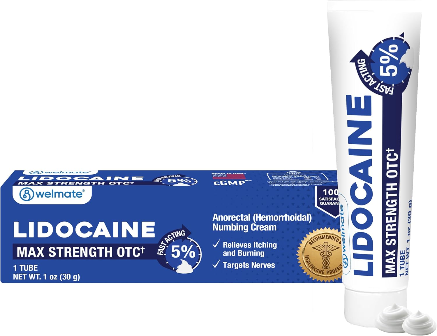 WELMATE 5% Lidocaine Cream for Hemorrhoids – Maximum Strength Numbing Cream, Fast-Acting Anorectal Relief, Non-Greasy, Unscented, Child Resistant Cap, 1 oz (30g)