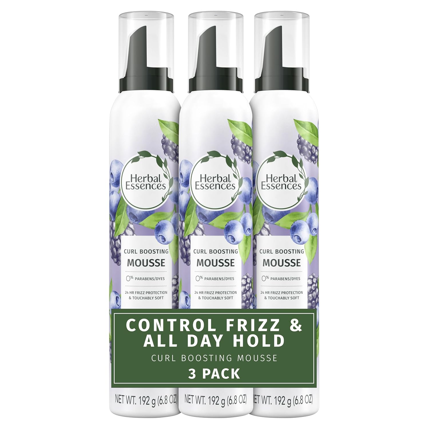 Herbal Essences Curl Boosting Mousse, Frizz Control for Curly & Wavy Hair, Long-Lasting Hold with Berry Scent, Paraben & Dye-Free, Cruelty-Free, 6.8 Fl Oz Each, 3 Pack