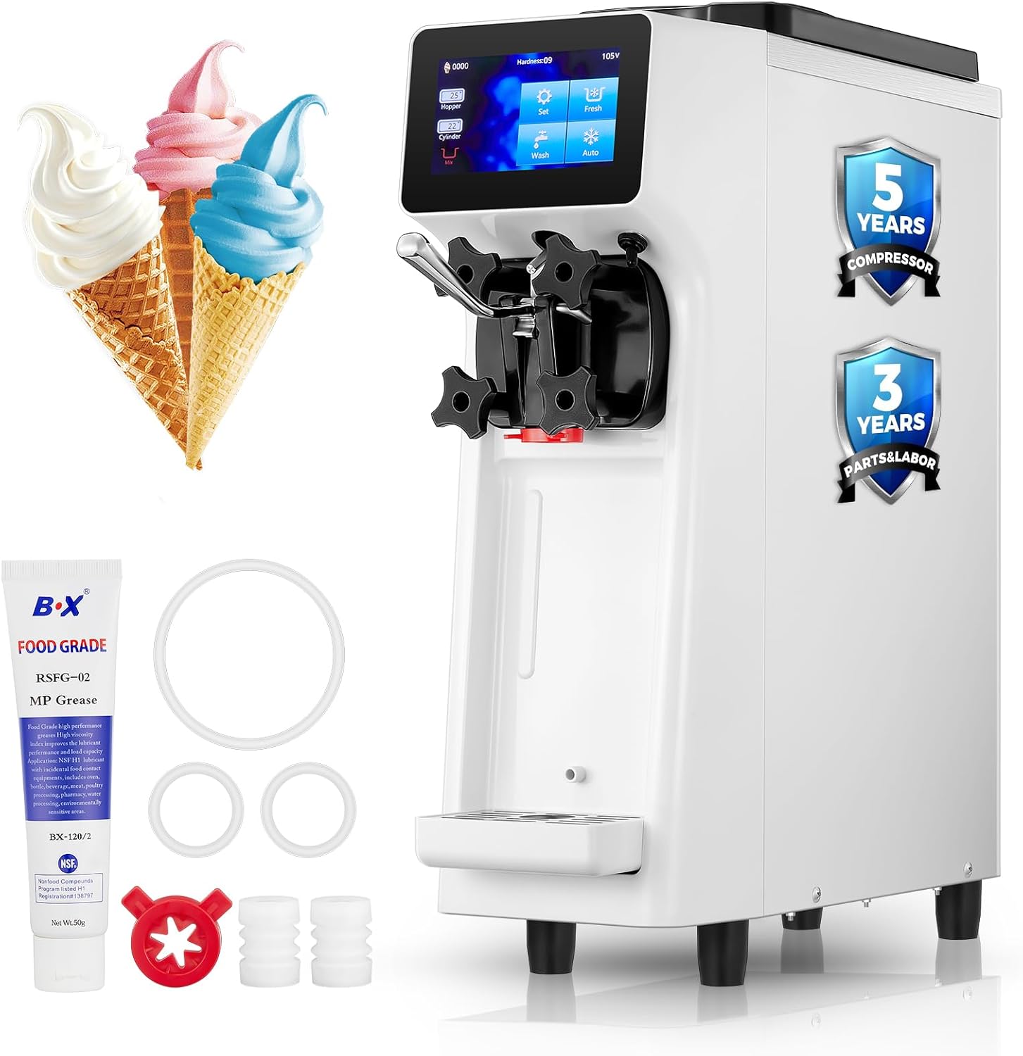 Commercial Ice Cream Machine, 1000W, 2.6-5.3 Gal/h Soft Serve Ice Cream Machine with 4L Hopper & 1.6L Cylinder, Pre-Cooling & Auto Clean, Touch LCD for Snack Restaurants Bars (white, standard)