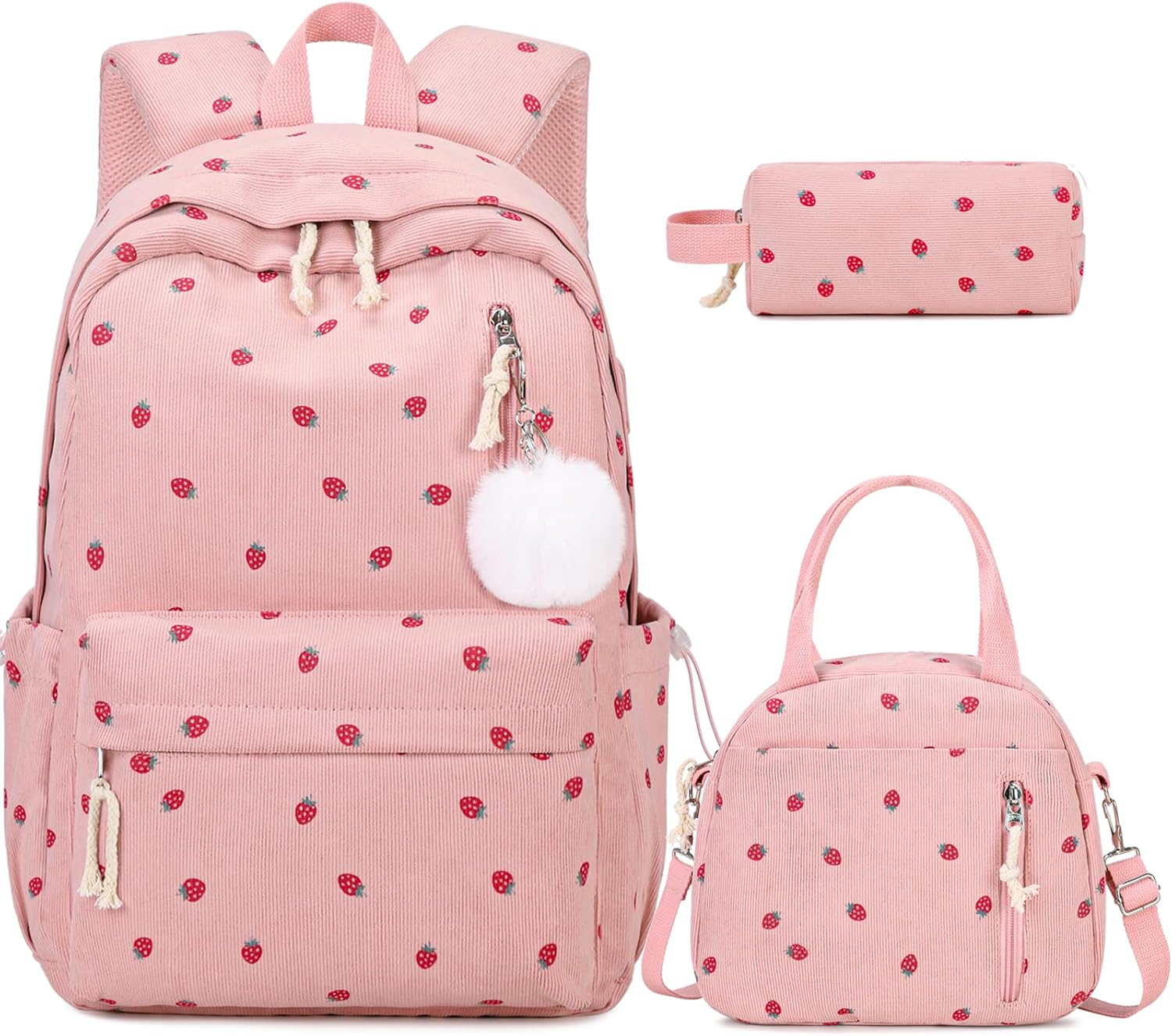Backpack for Girls - Corduroy Girls Backpack with Lunch Bag & Pencil Pouch for Teen Kids Laptop Backpack for Women, Middle High School Bookbag Travel Daypack (Pink Strawberry)