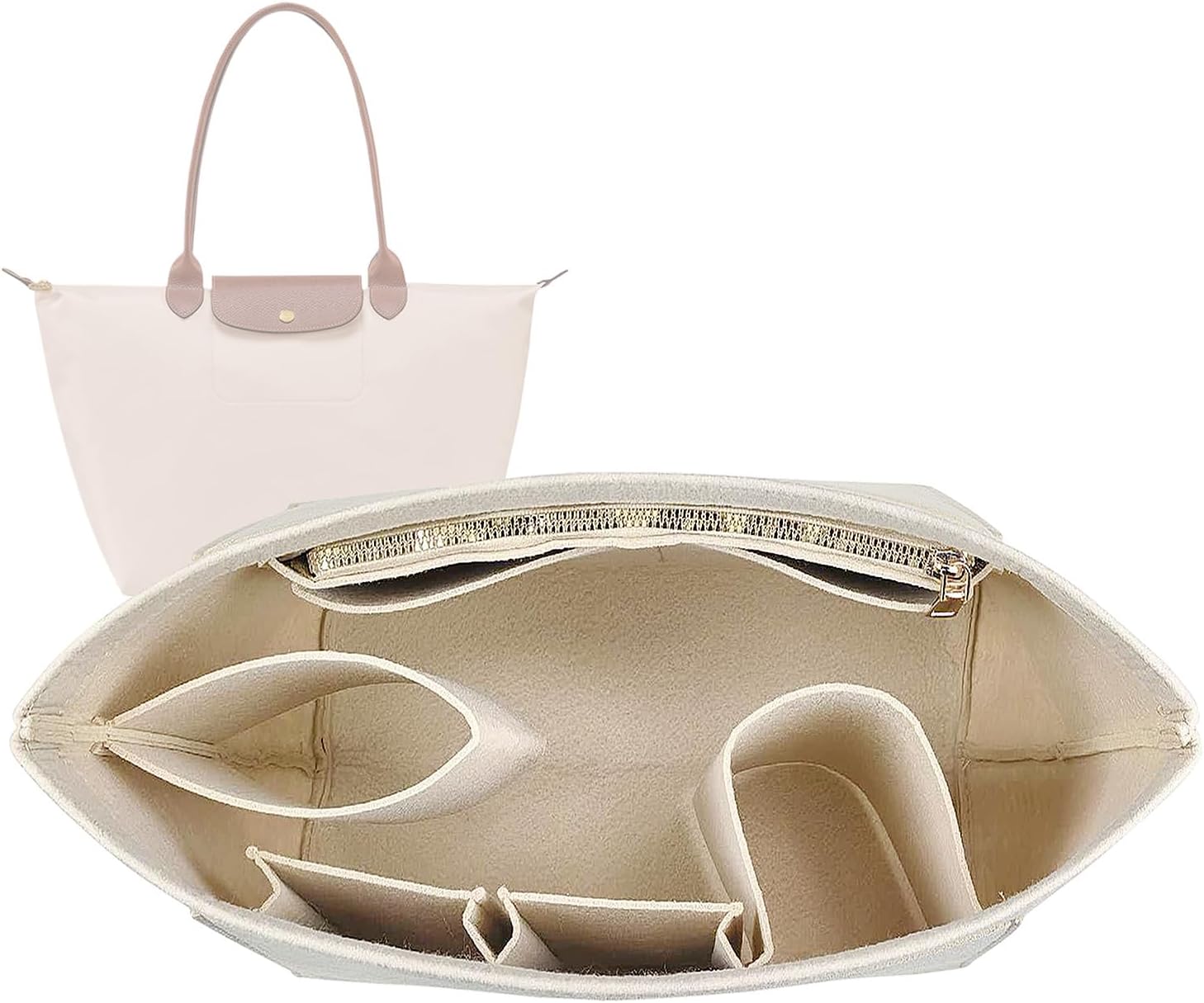 Lckaey tote bag organizer insert for Longchamp le pliage large tote insert felt purse zipper bag organizer beige, L/16.5 * 6.7 * 9.8in