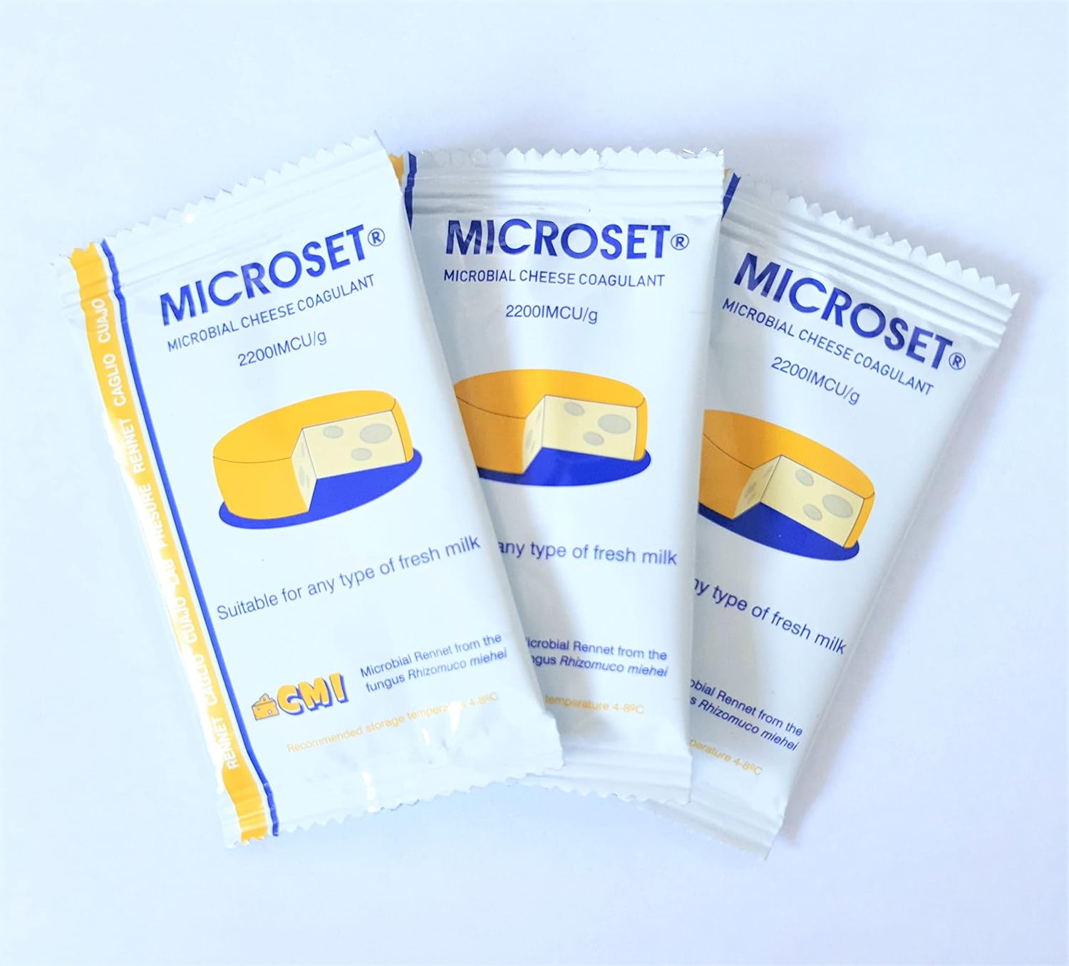 Generic Microbial Rennet Mix Cheese Coagulant Microset each Sachets is 5g | add 1 sachet to 4 gallons (15 litres) of Milk, Blue/yellow/whitewhite